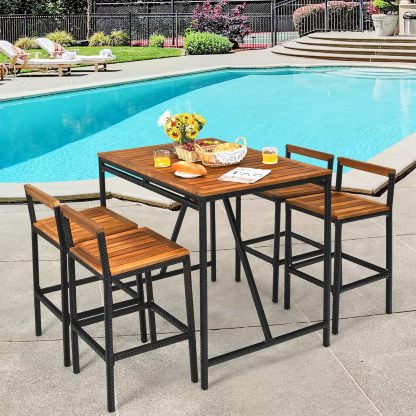 5 Pieces Patio Bar Table Set with Umbrella Hole Acacia Wood High-Dining Bistro Set with 4 Bar Stool, PE Wicker Outdoor Bar Set