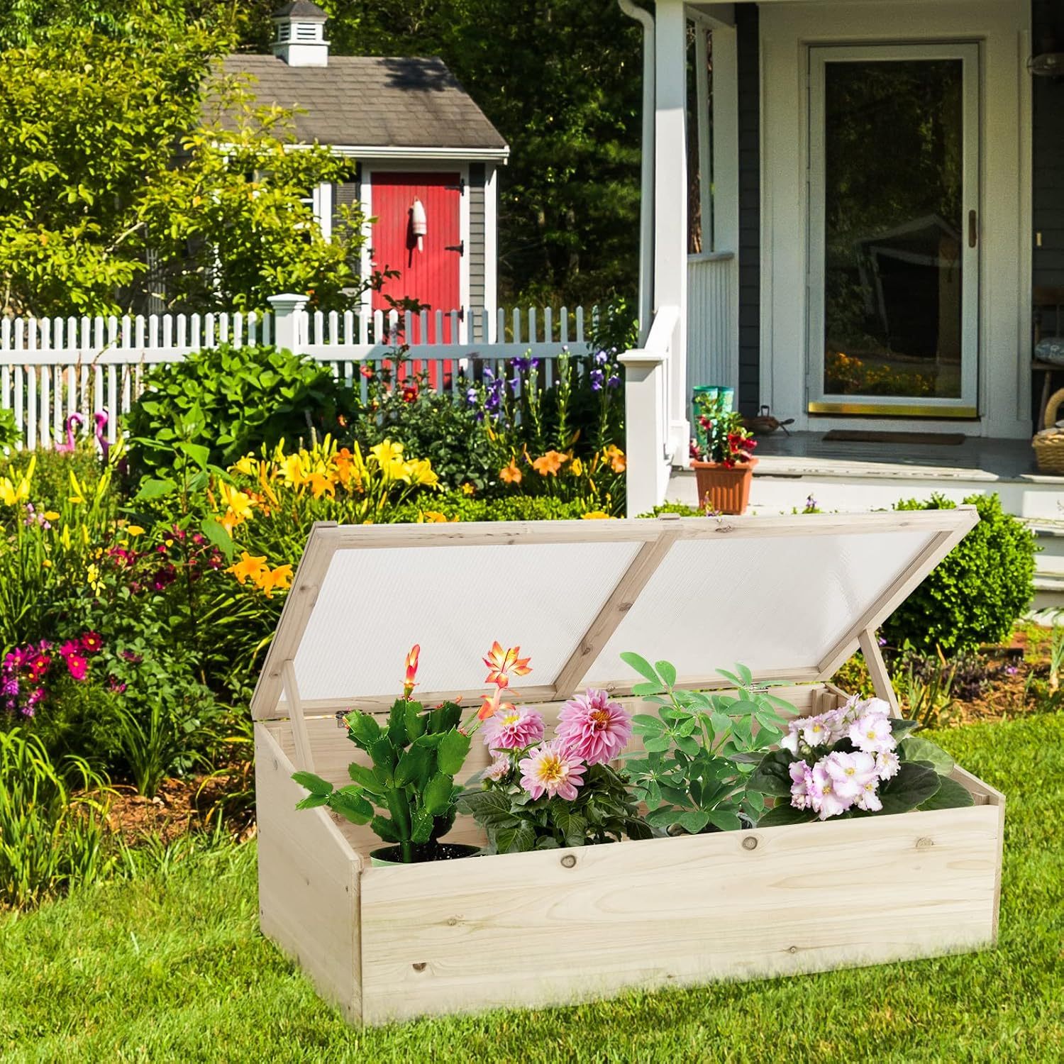 Cold Frame Greenhouse, Wood Potable Greenhouse with Foldable Top, Transparent Lid, Raised Planter Box Protection, Indoor & Outdoor Mini Greenhouse for Garden, Patio, Balcony, Terrace