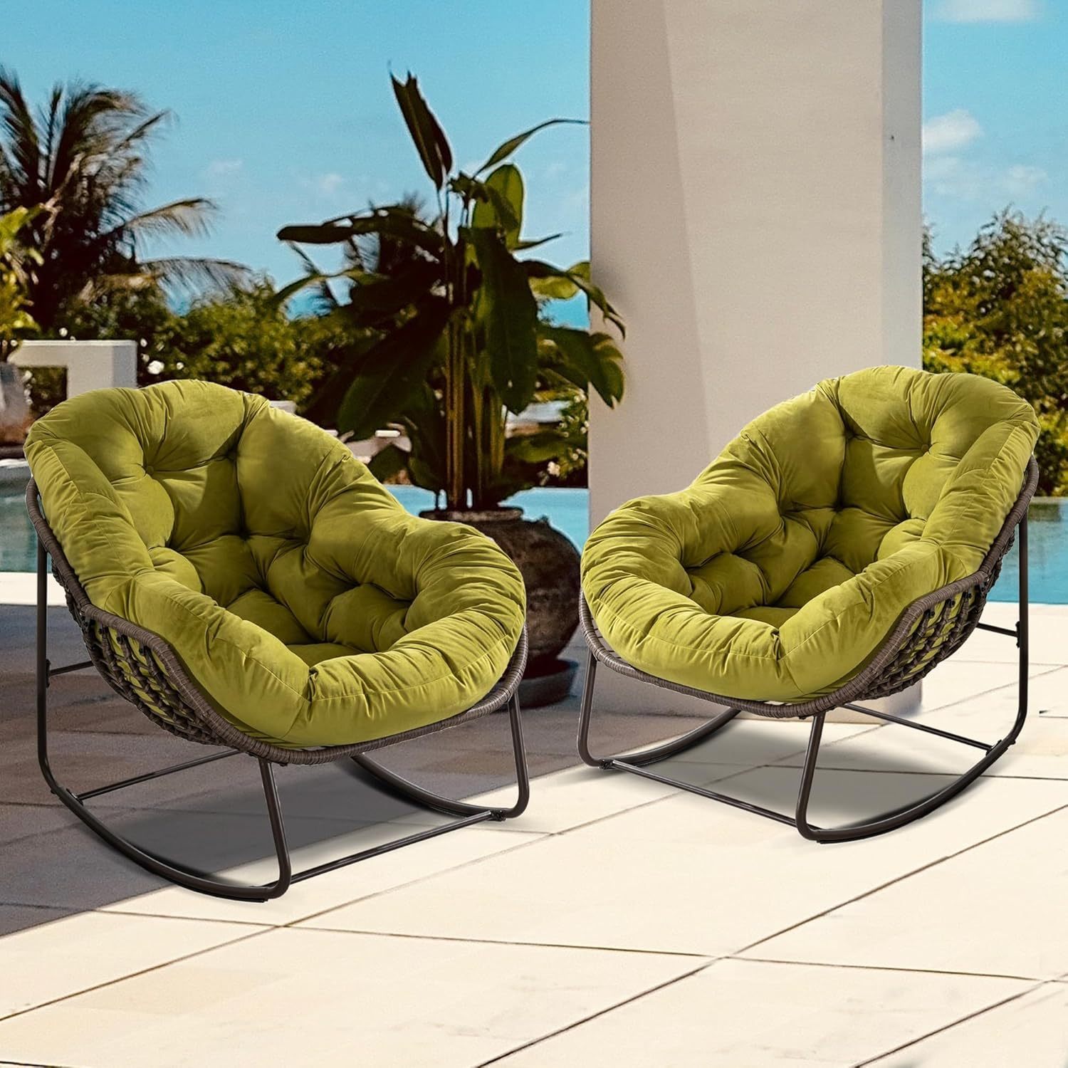Outdoor Wicker Papasan Chair - Oversized Comfy Patio Rocking Chair Egg Royal Rattan Rocking Chair with Cushion