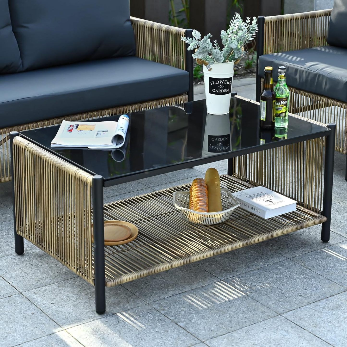 4 Pieces Aluminum Outdoor Patio Furniture Set - 2 Pcs Armchair, Loveseat & Dual-Layer Coffee Table