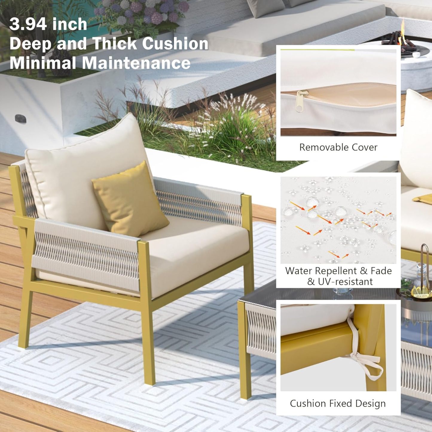 4-Piece Outdoor Patio Furniture Set - Outdoor Rope Furniture with Tempered Glass Table, Patio Conversation Set Deep Seating with Thick Cushion