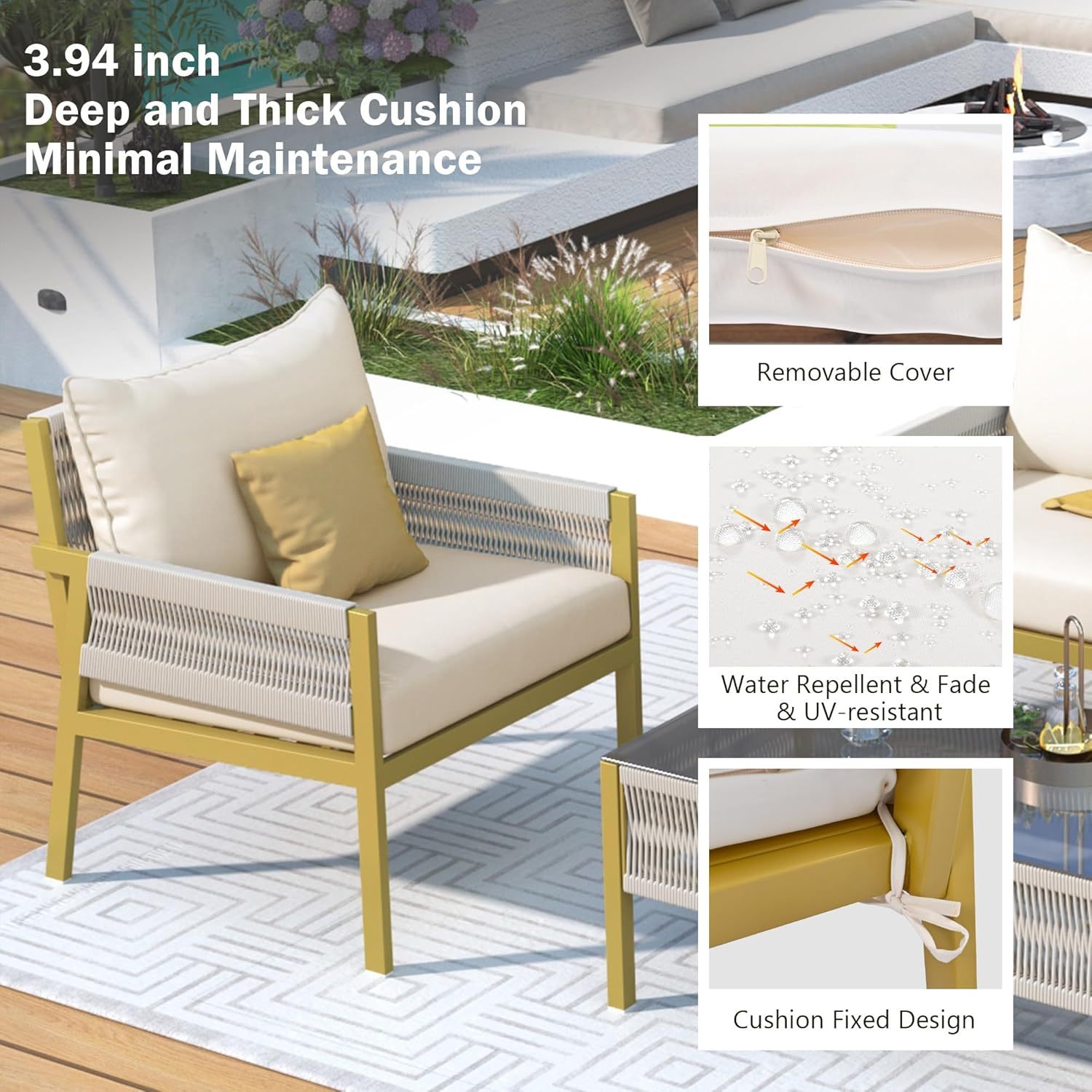 4-Piece Outdoor Patio Furniture Set - Outdoor Rope Furniture with Tempered Glass Table, Patio Conversation Set Deep Seating with Thick Cushion