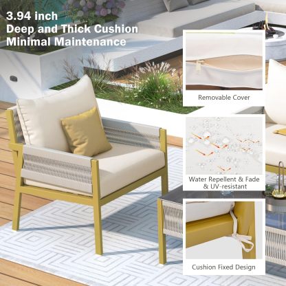 4-Piece Outdoor Patio Furniture Set - Outdoor Rope Furniture with Tempered Glass Table, Patio Conversation Set Deep Seating with Thick Cushion