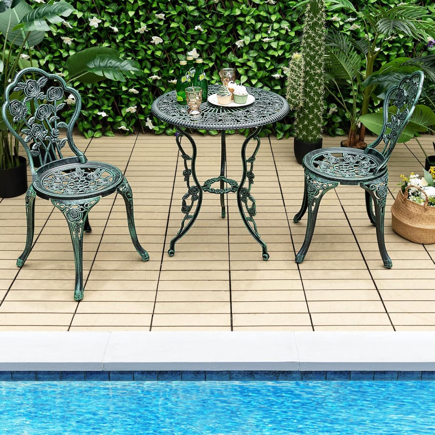 3-Piece Outdoor Bistro Set Rust-Resistant Cast Aluminum Table and Chairs with Elegant Rose Pattern, Outdoor Furniture Set with 1.9” Umbrella Hole for Balcony Backyard Garden Deck