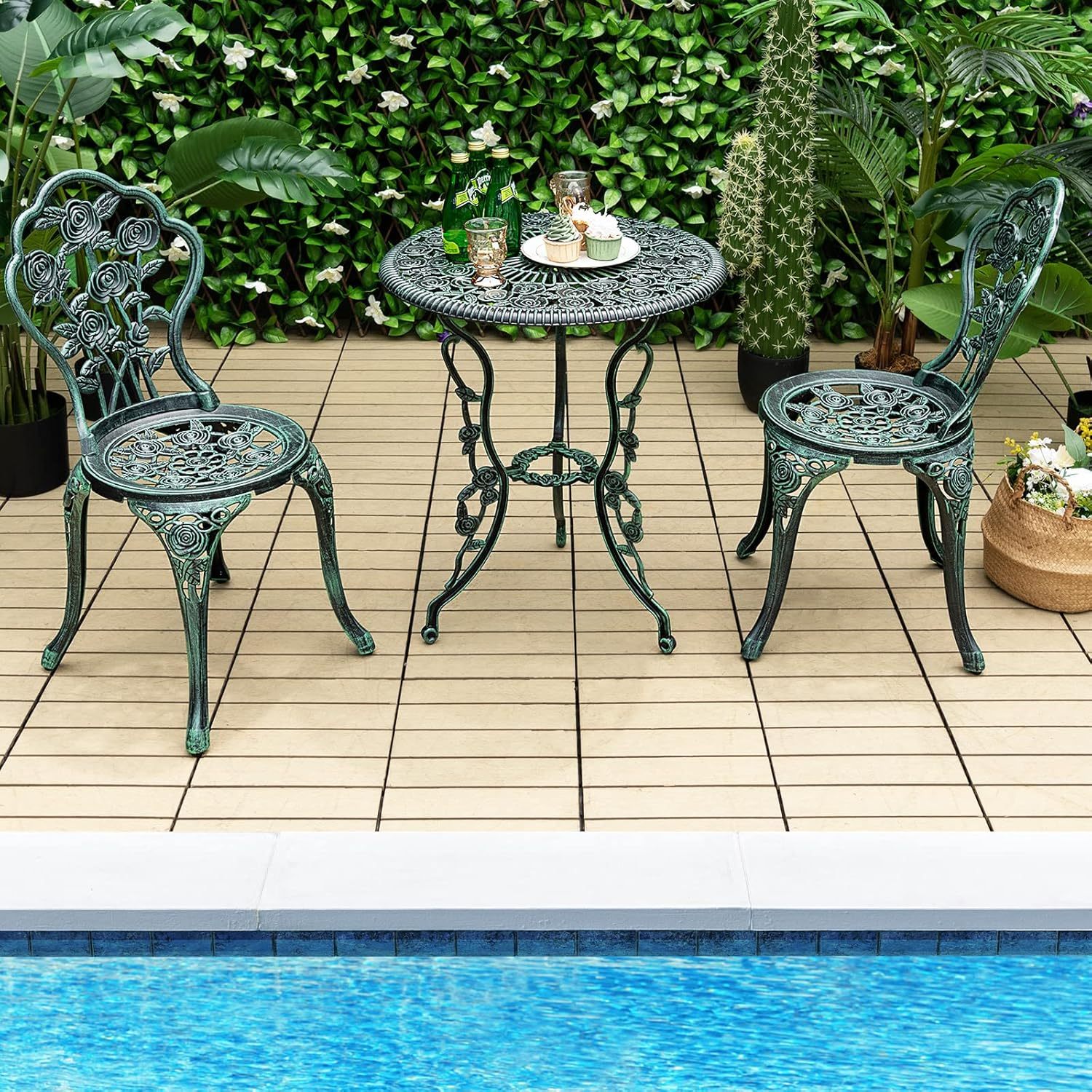 3-Piece Outdoor Bistro Set Rust-Resistant Cast Aluminum Table and Chairs with Elegant Rose Pattern, Outdoor Furniture Set with 1.9” Umbrella Hole for Balcony Backyard Garden Deck