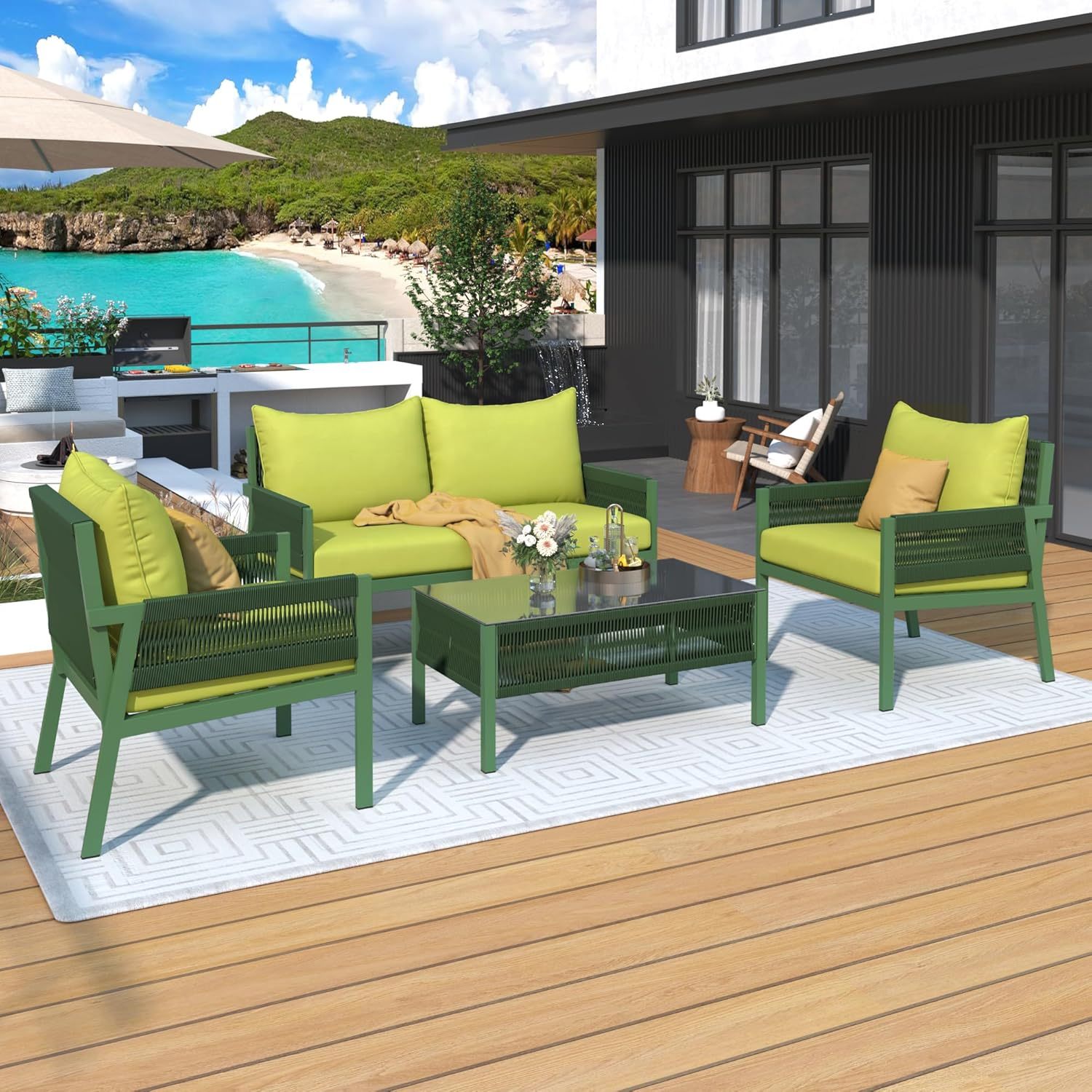 4-Piece Outdoor Patio Furniture Set - Outdoor Rope Furniture with Tempered Glass Table, Patio Conversation Set Deep Seating with Thick Cushion for Backyard Porch Balcony (Green)
