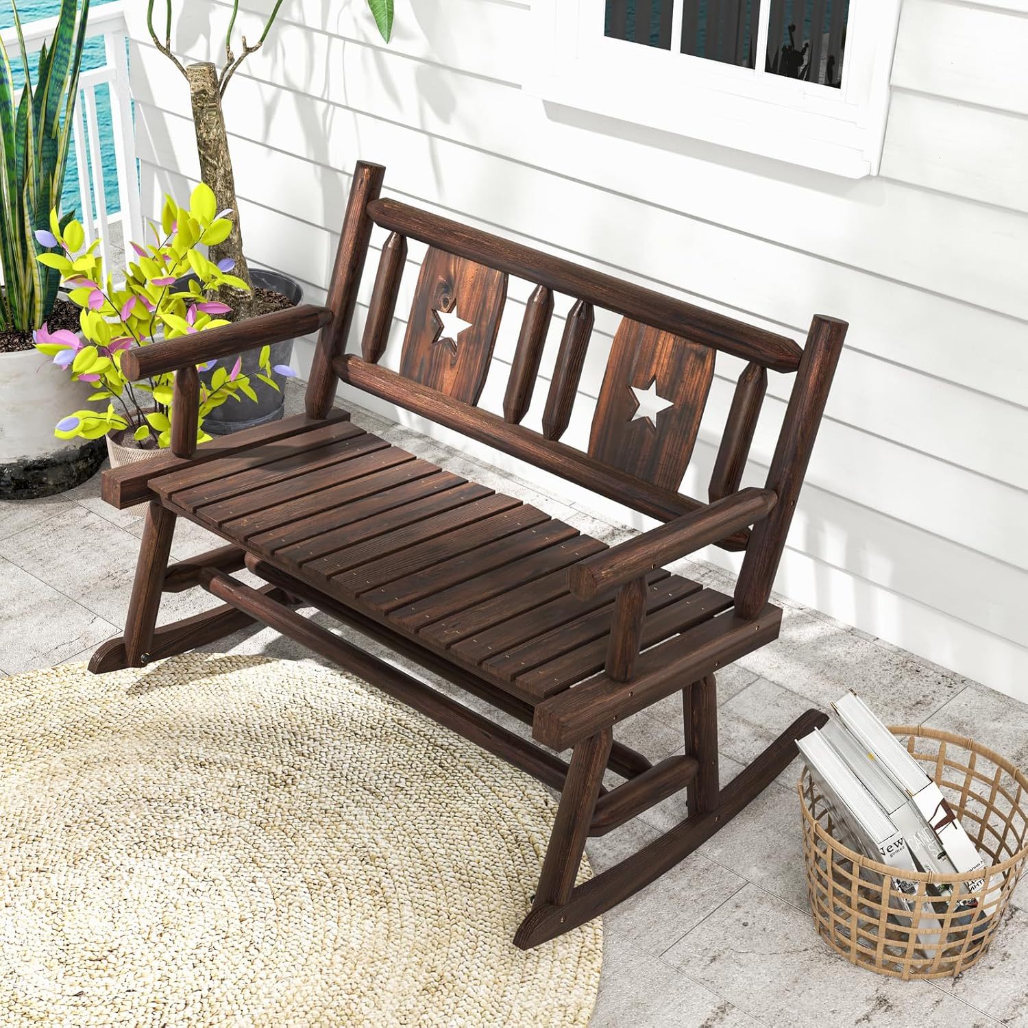 Outdoor Wood Rocking Bench Carbonized Double Rocking Chair for 2 Persons with Wide Curved Seat, Porch Rocker for Porch, Garden, Backyard, 710LBS Capacity, Rustic Brown