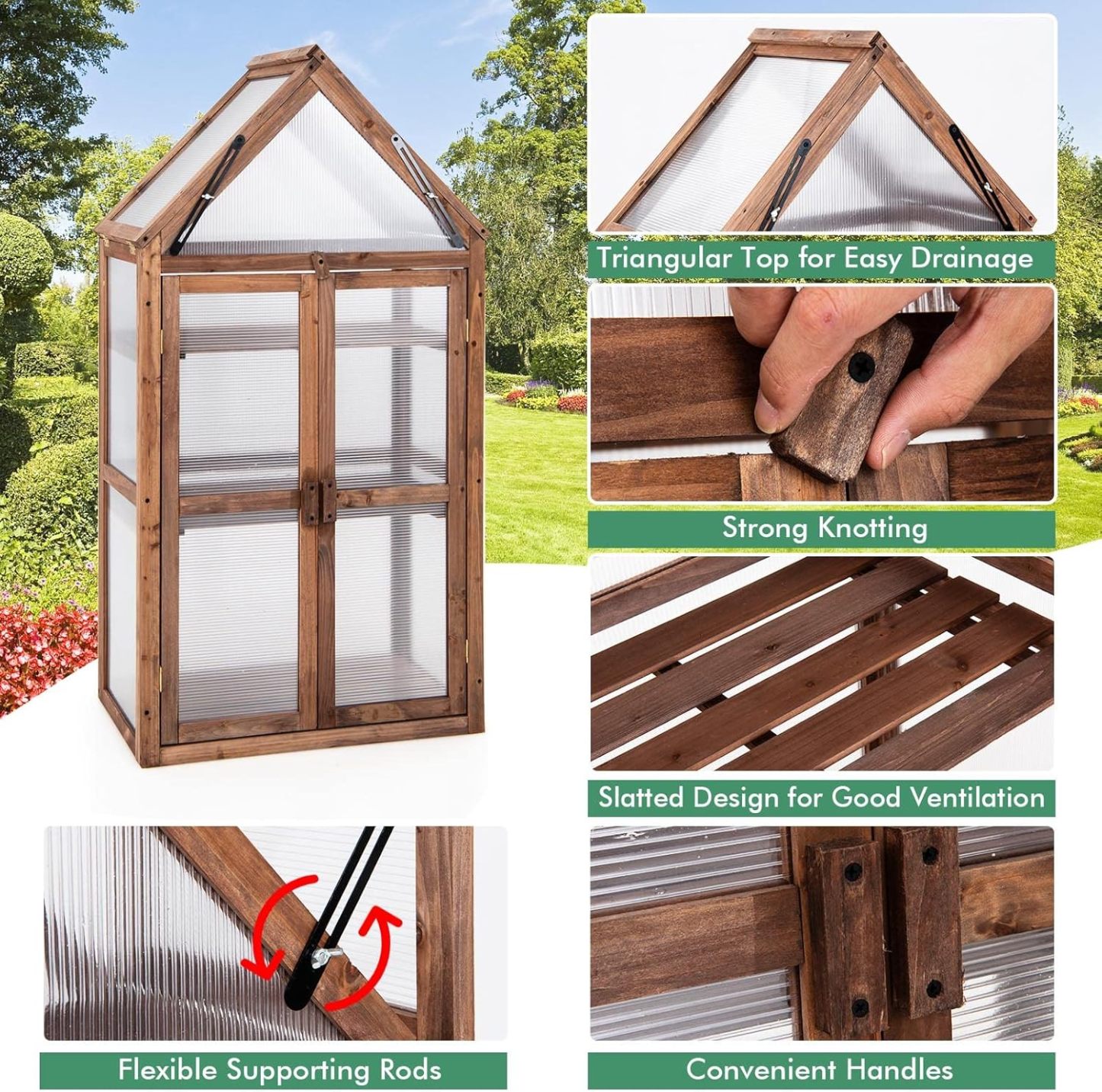 Cold Frame Greenhouse, Mini Wooden Greenhouse Raised Flower Planter Shelf w/Transparent Openable Roof, Double Doors & 3 Tier Shelves