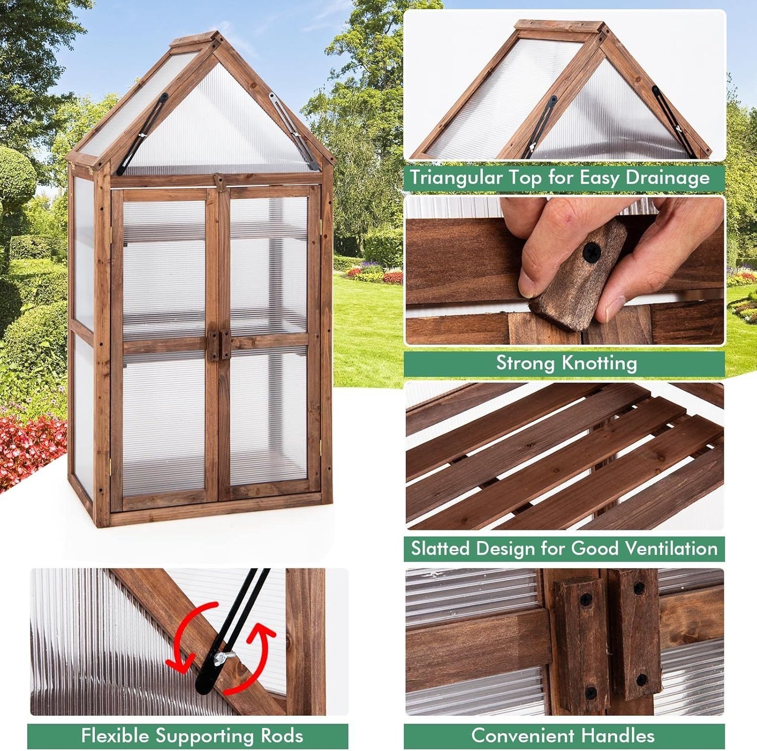 Cold Frame Greenhouse, Mini Wooden Greenhouse Raised Flower Planter Shelf w/Transparent Openable Roof, Double Doors & 3 Tier Shelves