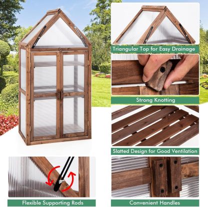 Cold Frame Greenhouse, Mini Wooden Greenhouse Raised Flower Planter Shelf w/Transparent Openable Roof, Double Doors & 3 Tier Shelves