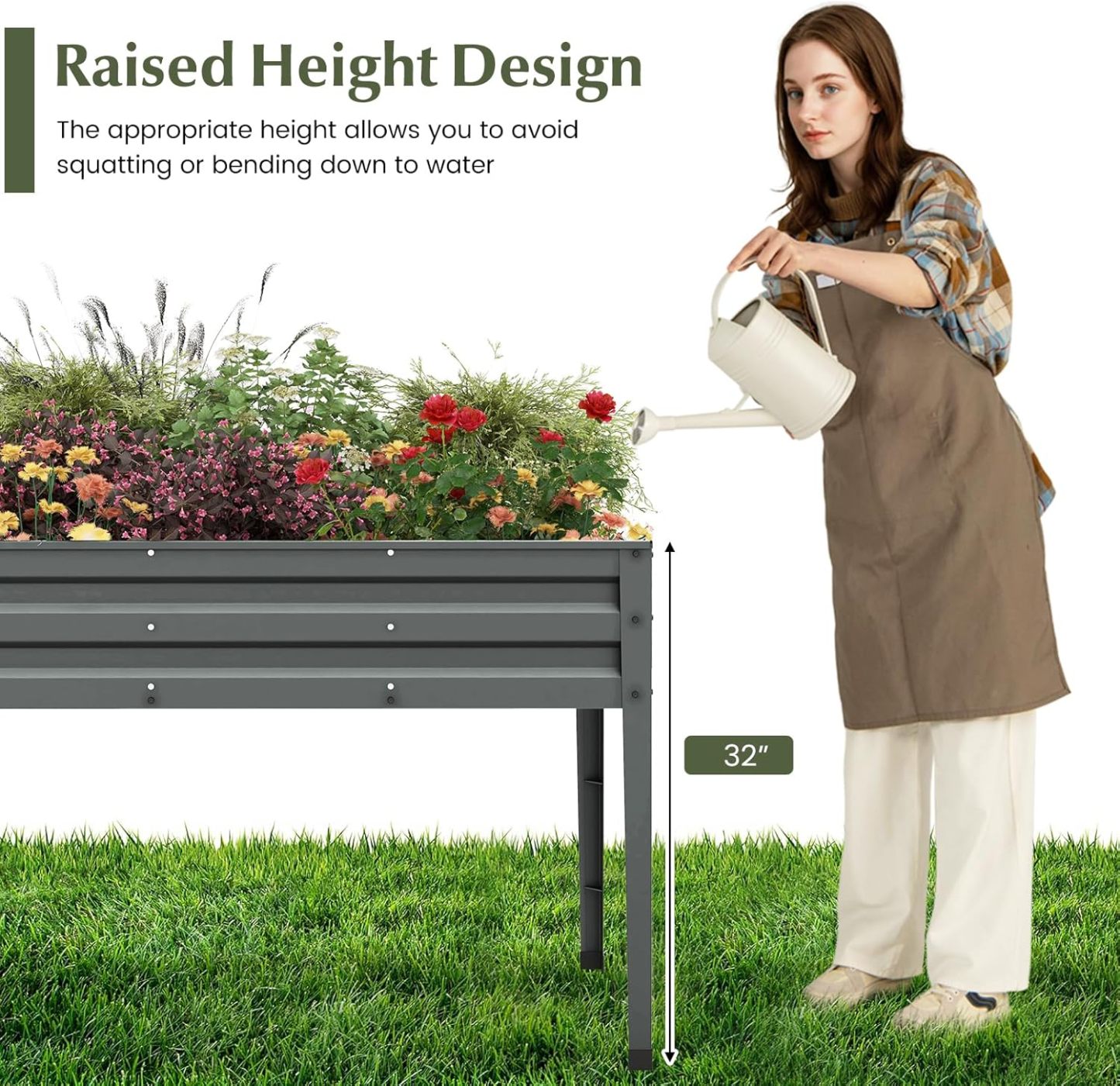 Raised Garden Bed, Freestanding Planter Box w/Drainage Holes, 4 Supporting Legs, 2 Gloves, Galvanized Planting Bed