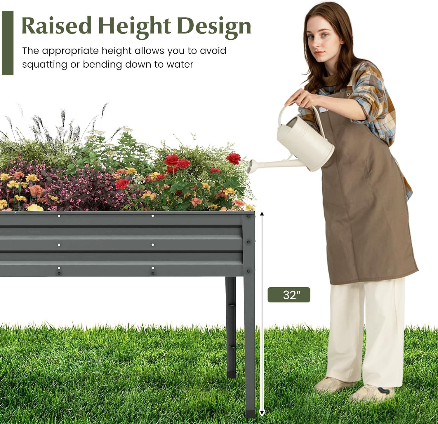Raised Garden Bed, Freestanding Planter Box w/Drainage Holes, 4 Supporting Legs, 2 Gloves, Galvanized Planting Bed