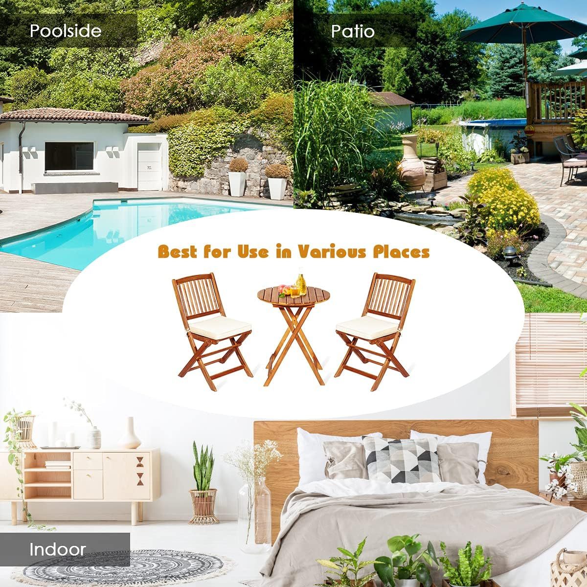 3 Pieces Patio Bistro Set Table & Chair with Cushions Foldable Wooden Furniture Chairs and Coffee Table for Outdoor Balcony Garden Backyard