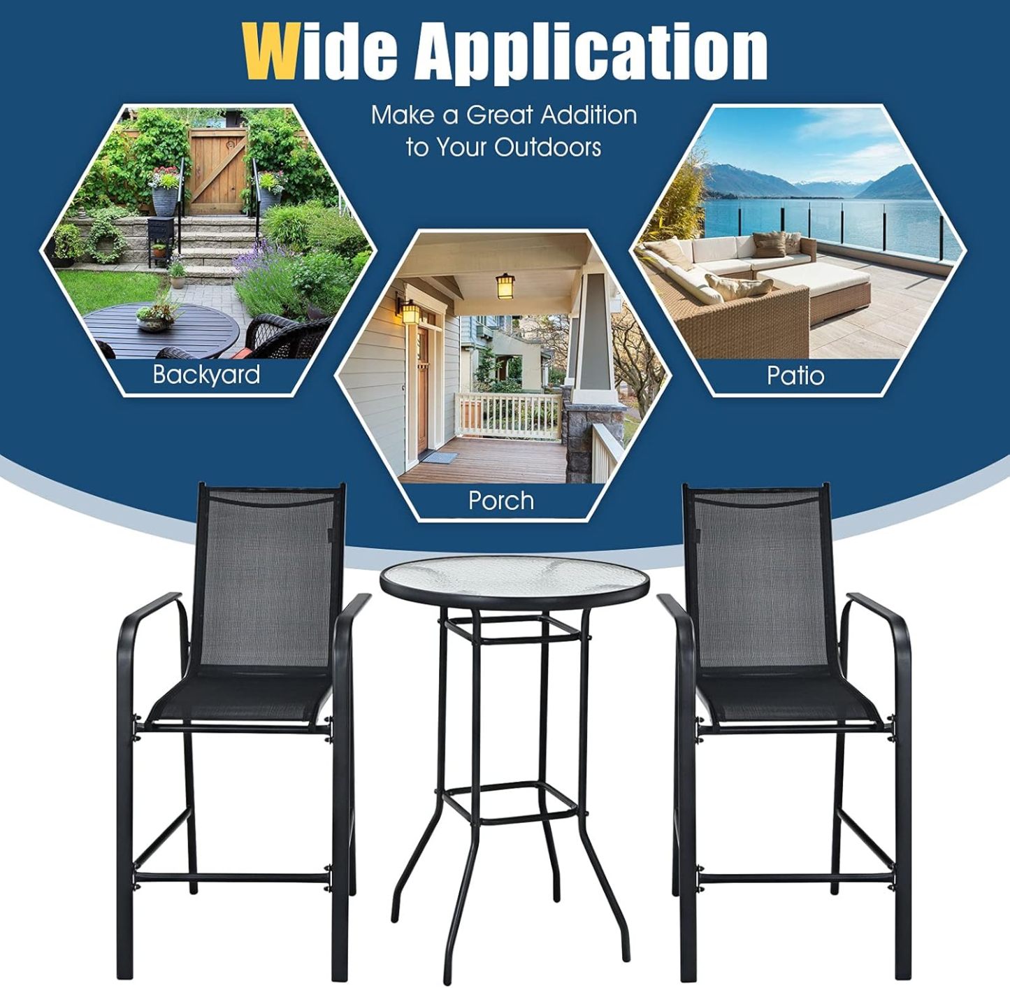 3-Piece Patio Bar Set Outdoor High Top Bistro Set with 2 Bar Stools and 1 Tempered Glass Top Table