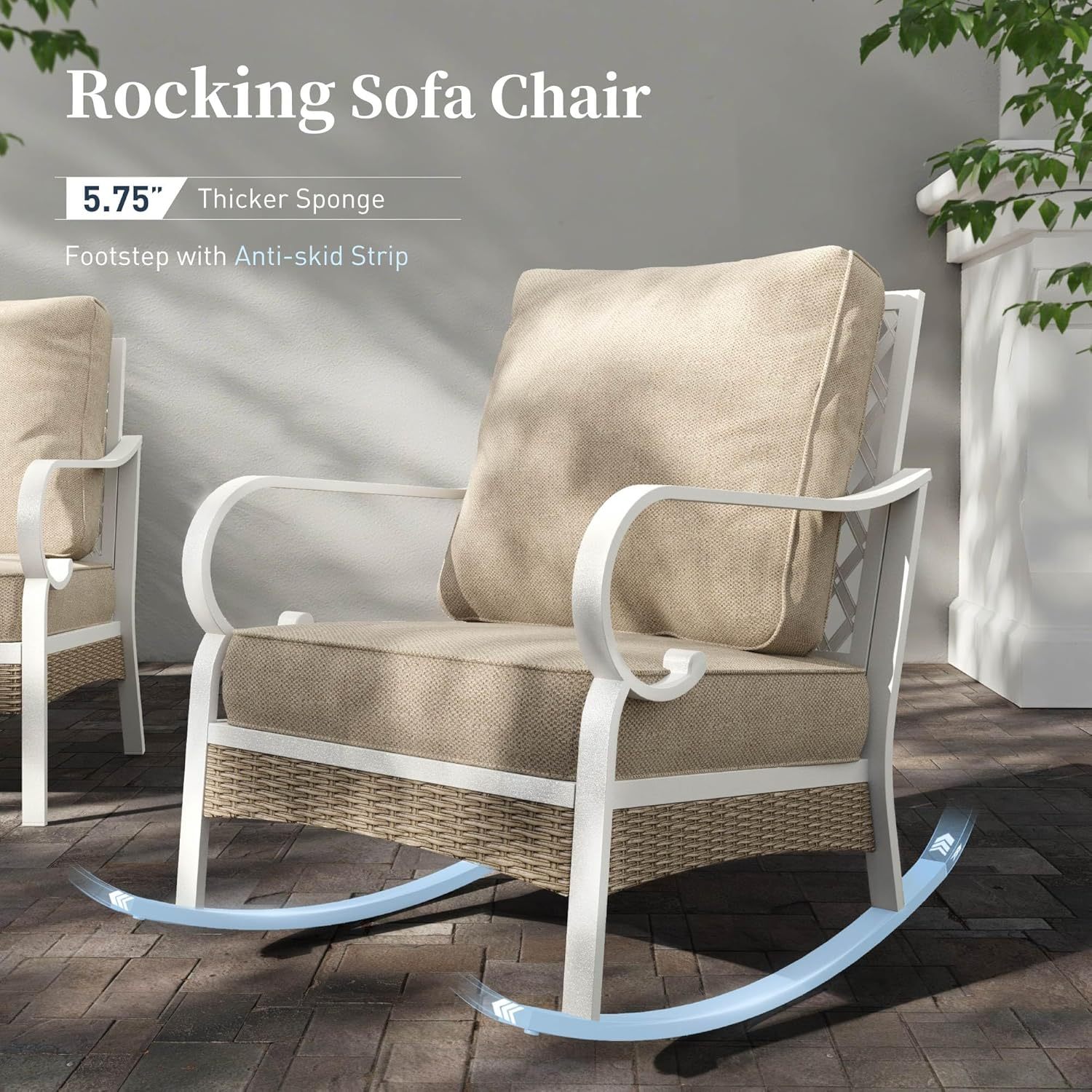 4 PCS Metal Outdoor Patio Furniture Set, Patio Conversation Set 1 3-seater Sofa, 2 Rocking Chairs with 5.75" Extra Thick Cushion and Coffee Table