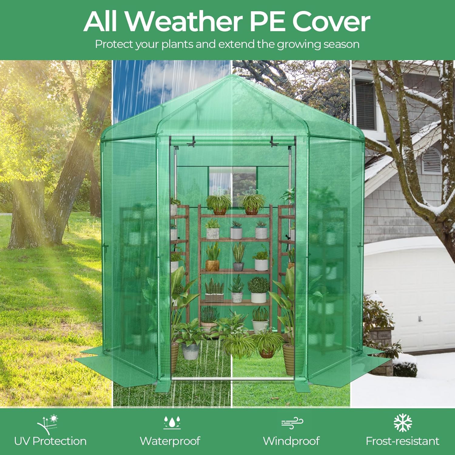 Walk-in Greenhouse, 7’x6’x7.5’ Outdoor Heavy Duty Greenhouse with PE Cover, Mesh Window & Roll-Up Door, Portable Greenhouse for Plant Gardening