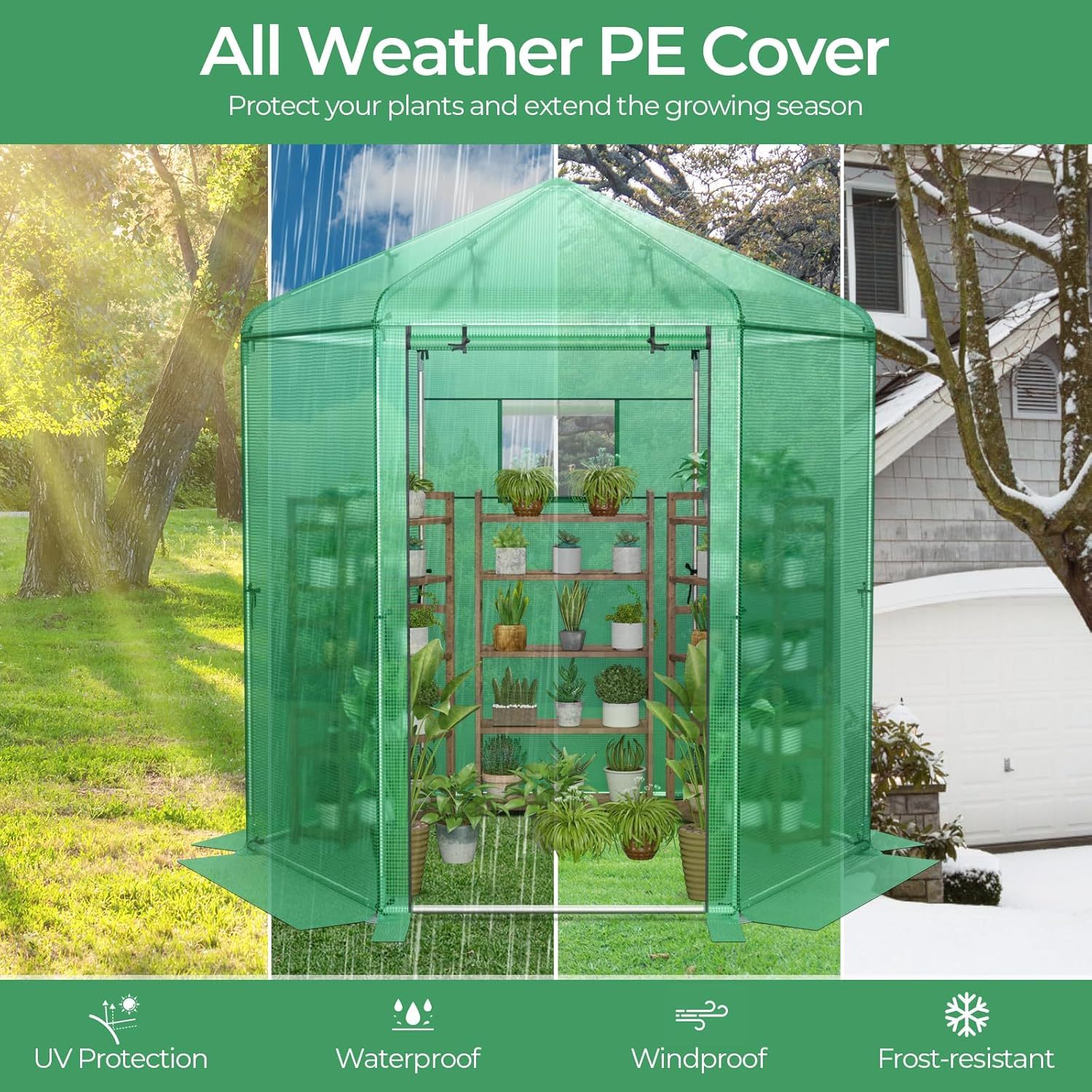 Walk-in Greenhouse, 7’x6’x7.5’ Outdoor Heavy Duty Greenhouse with PE Cover, Mesh Window & Roll-Up Door, Portable Greenhouse for Plant Gardening