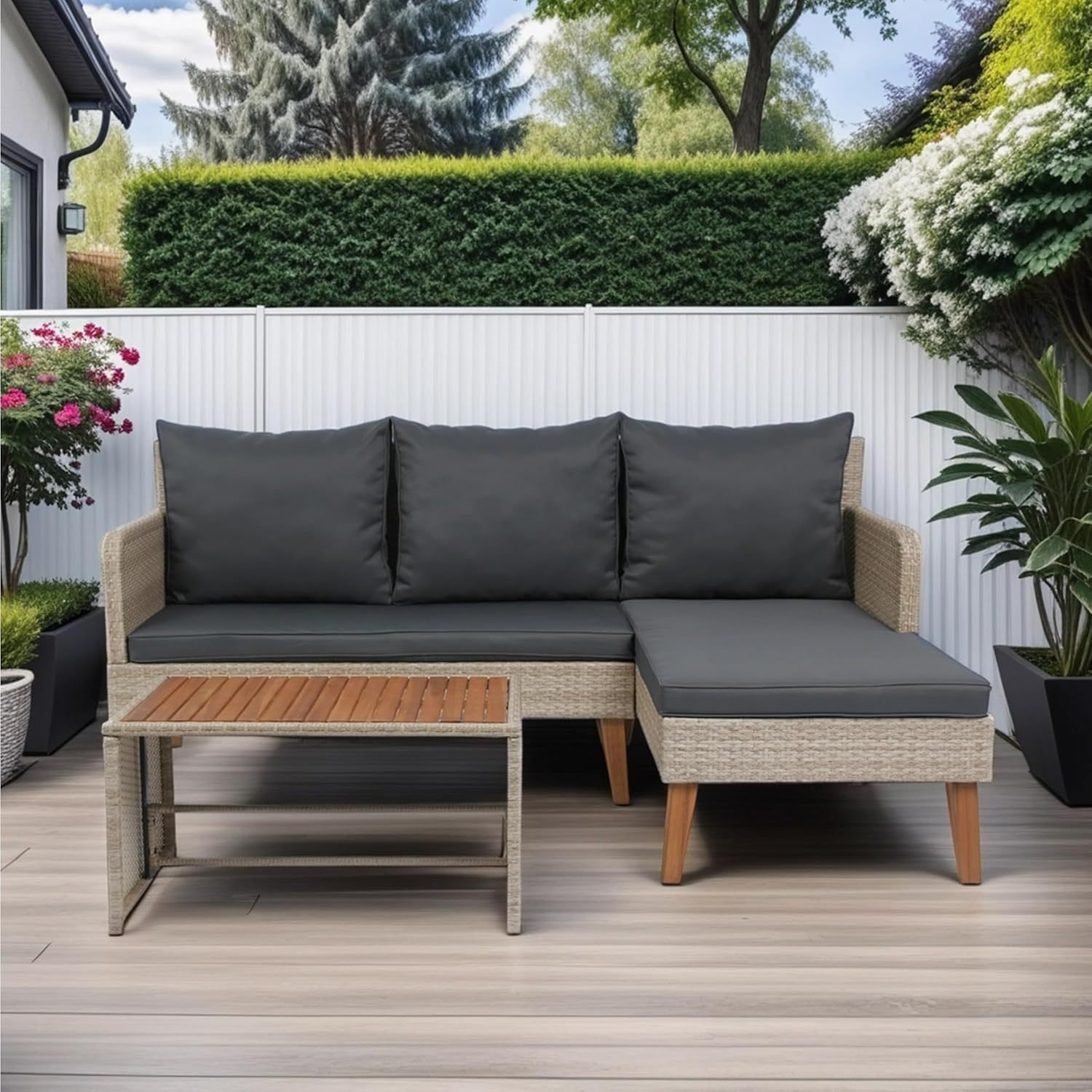 3-Piece Patio Sectional Sofa Set - Garden Patio Outdoor Conversation Set Wicker Rattan Outdoor Furniture Sofa Set