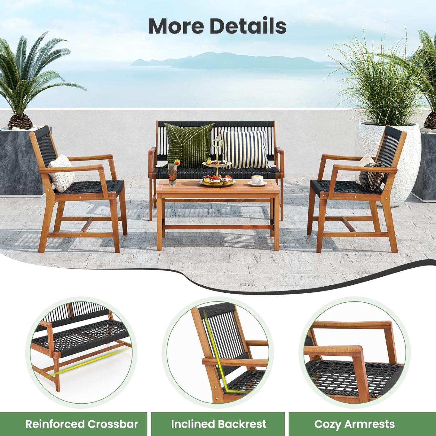 4 Pieces Patio Furniture Set Acacia Wood Conversation Set with Hand-Woven Rope Design, Ergonomic Loveseat & Single Chairs