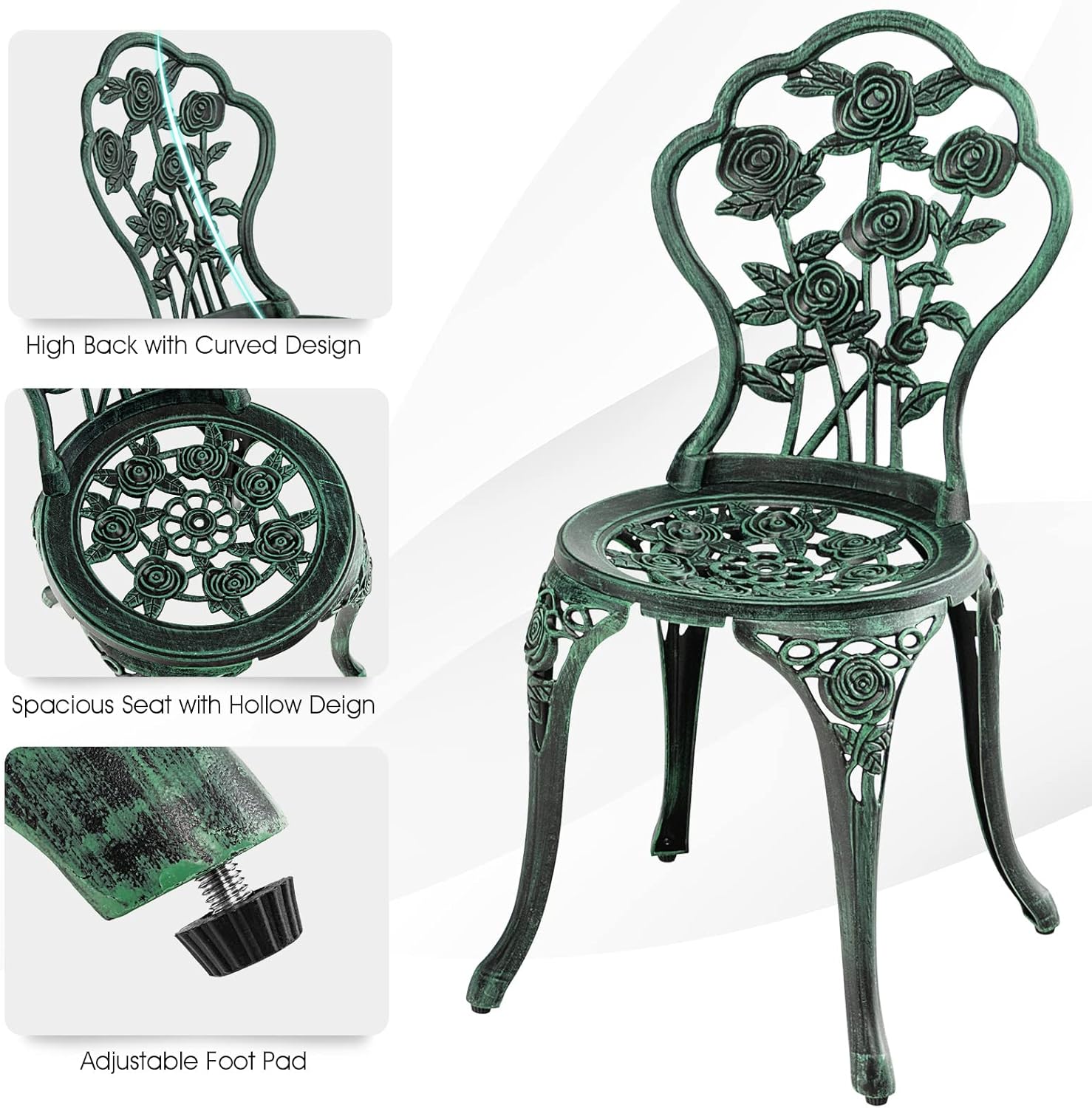 3-Piece Outdoor Bistro Set Rust-Resistant Cast Aluminum Table and Chairs with Elegant Rose Pattern, Outdoor Furniture Set with 1.9” Umbrella Hole for Balcony Backyard Garden Deck