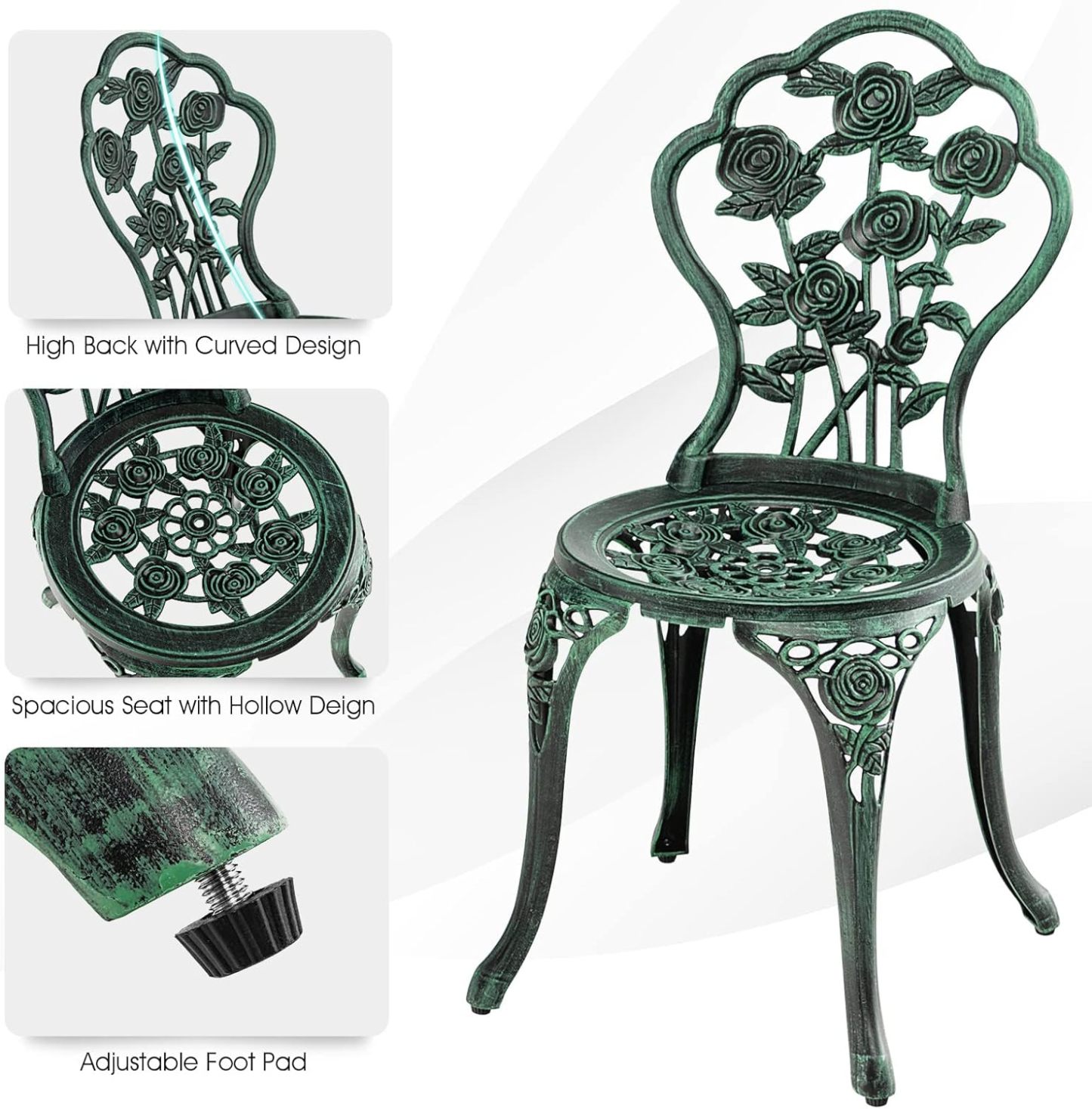 3-Piece Outdoor Bistro Set Rust-Resistant Cast Aluminum Table and Chairs with Elegant Rose Pattern, Outdoor Furniture Set with 1.9” Umbrella Hole for Balcony Backyard Garden Deck