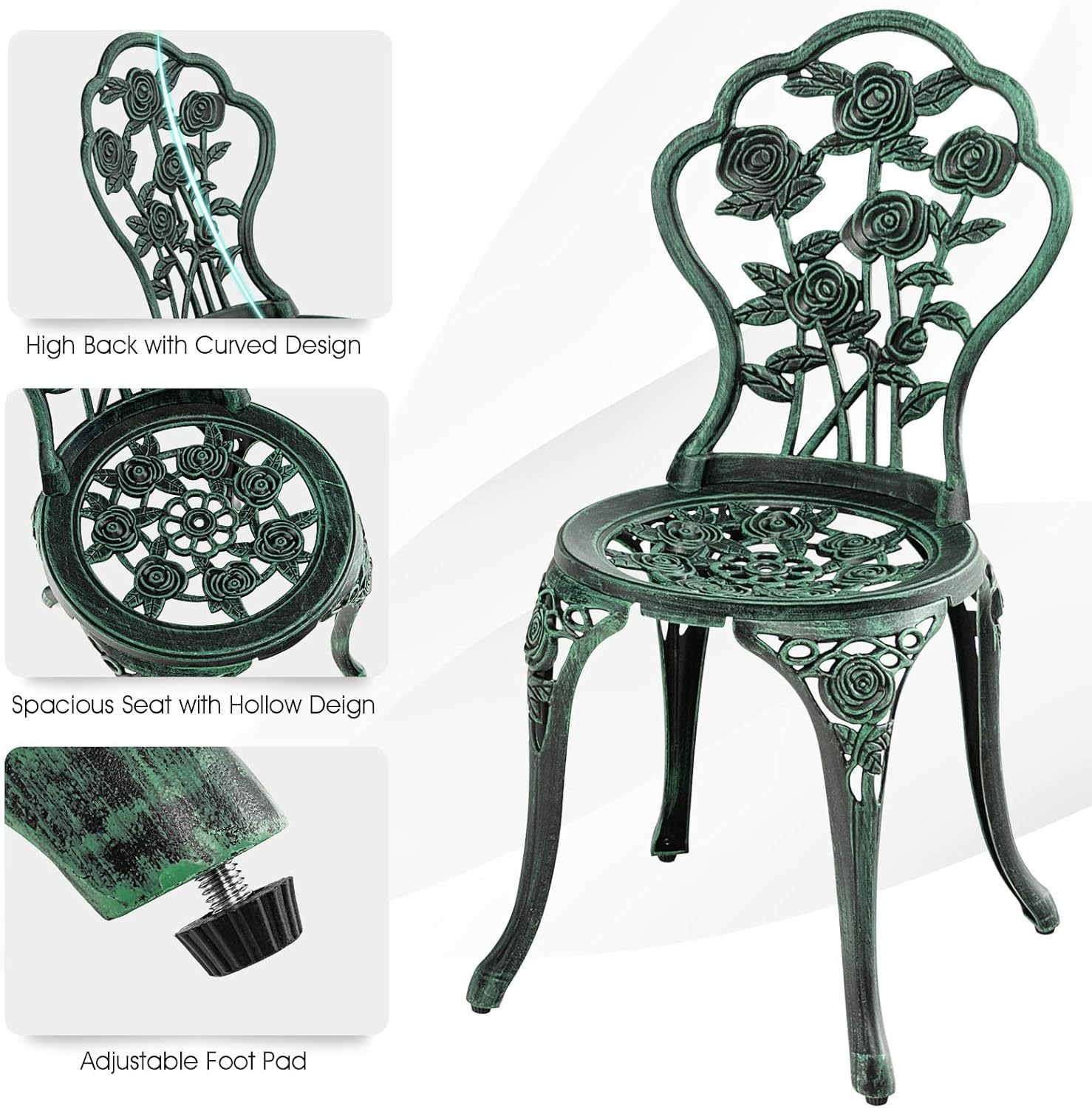 3-Piece Outdoor Bistro Set Rust-Resistant Cast Aluminum Table and Chairs with Elegant Rose Pattern, Outdoor Furniture Set with 1.9” Umbrella Hole for Balcony Backyard Garden Deck