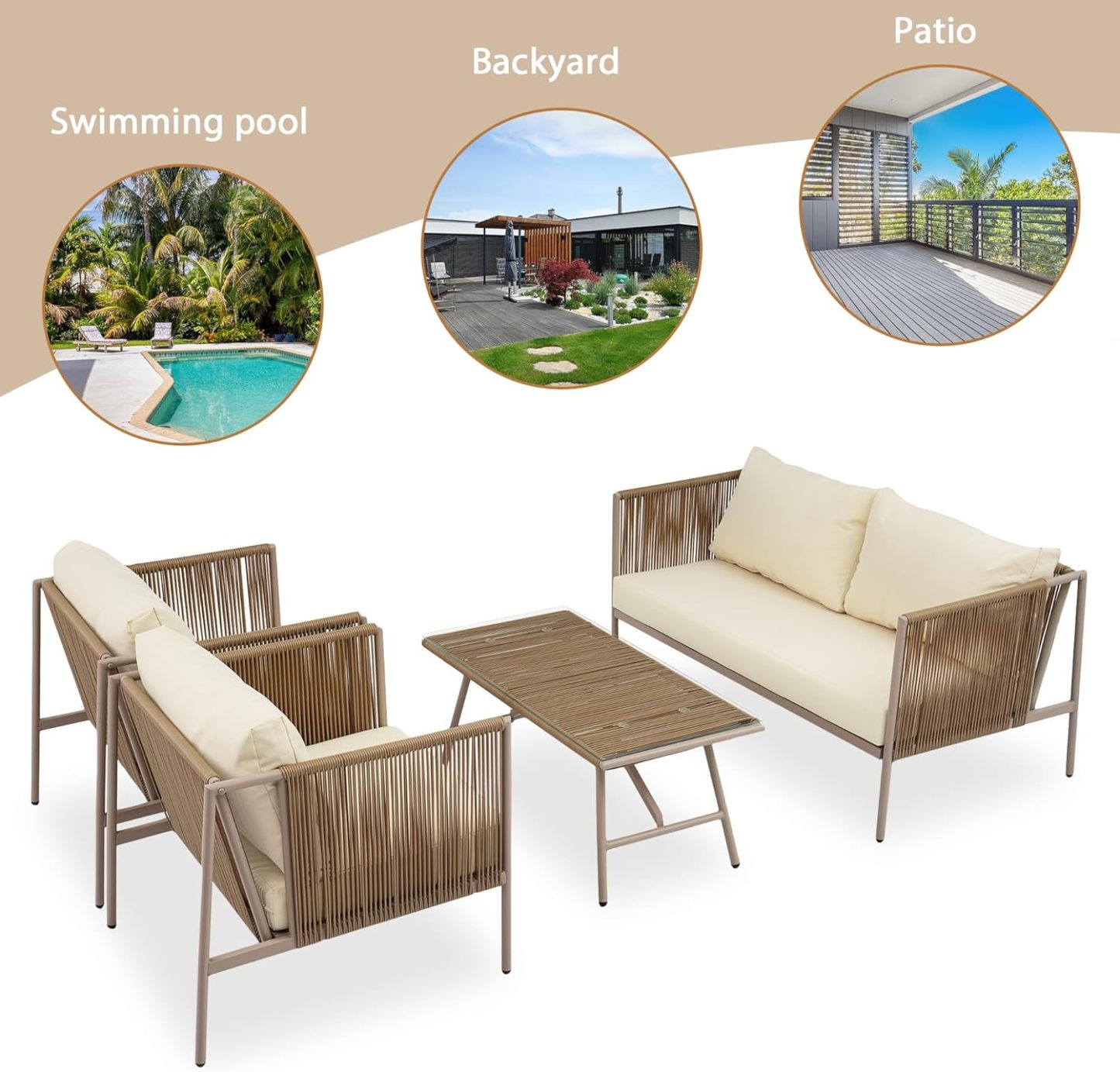 Patio 4-Piece Rope Sofa Set - Patio Furniture Set with Thick Cushions and Toughened Glass Table, All-Weather Patio Furniture Se