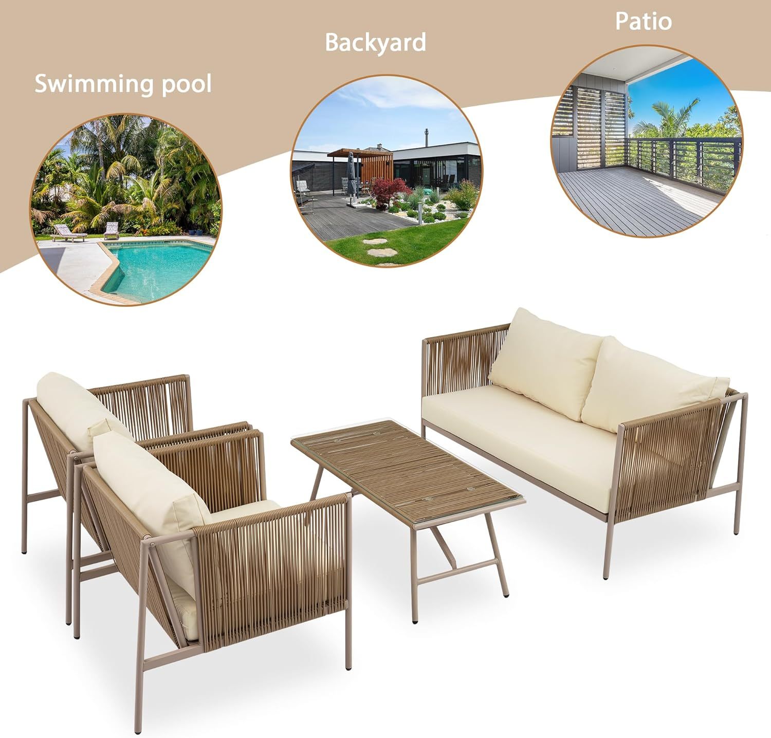 Patio 4-Piece Rope Sofa Set - Patio Furniture Set with Thick Cushions and Toughened Glass Table, All-Weather Patio Furniture Se