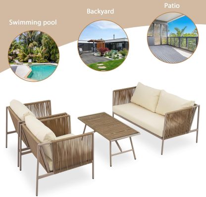 Patio 4-Piece Rope Sofa Set - Patio Furniture Set with Thick Cushions and Toughened Glass Table, All-Weather Patio Furniture Se