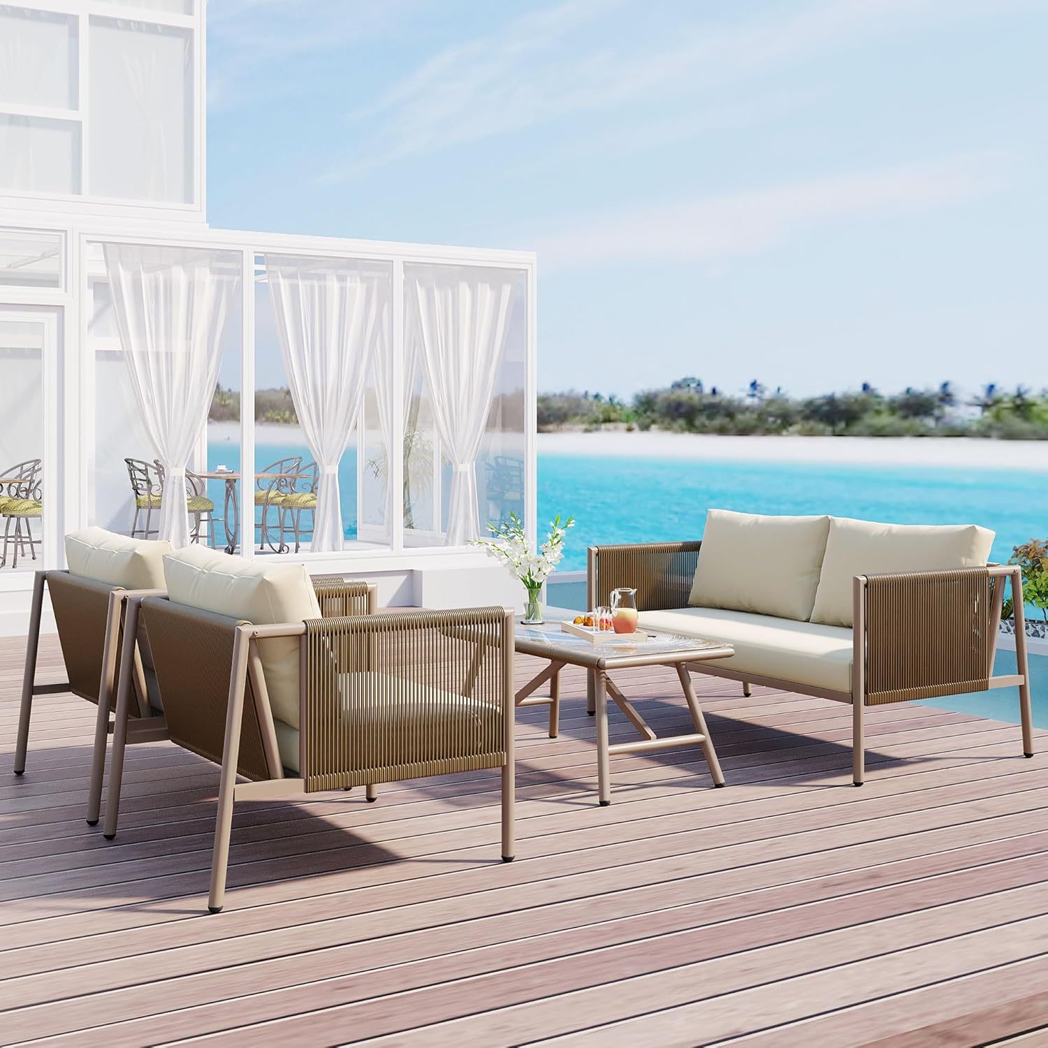 Patio 4-Piece Rope Sofa Set - Patio Furniture Set with Thick Cushions and Toughened Glass Table, All-Weather Patio Furniture Se