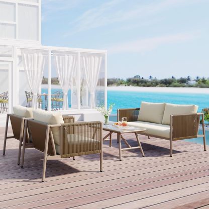 Patio 4-Piece Rope Sofa Set - Patio Furniture Set with Thick Cushions and Toughened Glass Table, All-Weather Patio Furniture Se