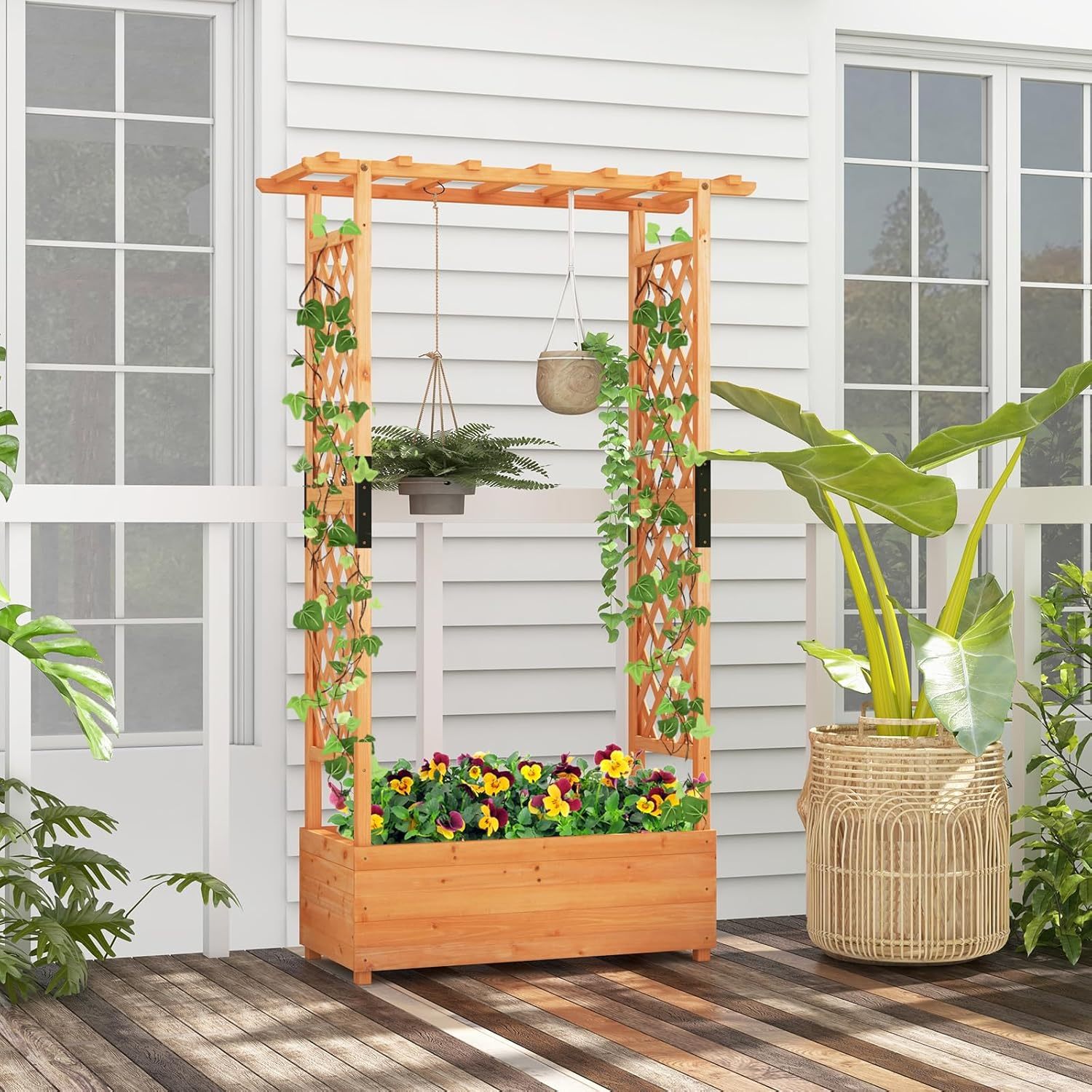 72" Raised Garden Bed with Trellis, Freestanding Wood Planter Box w/Hanging Roof & 2 Drainage Holes for Vine, Climbing Plants, Flowers, Outdoor Planter
