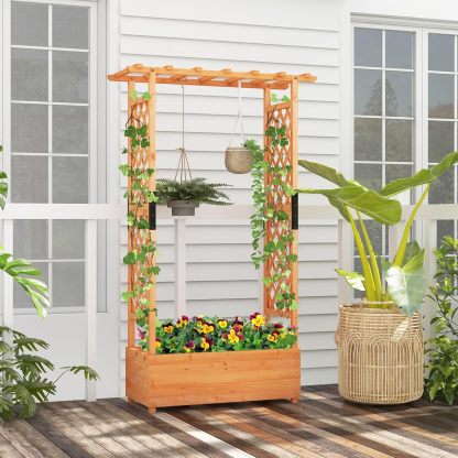 72" Raised Garden Bed with Trellis, Freestanding Wood Planter Box w/Hanging Roof & 2 Drainage Holes for Vine, Climbing Plants, Flowers, Outdoor Planter