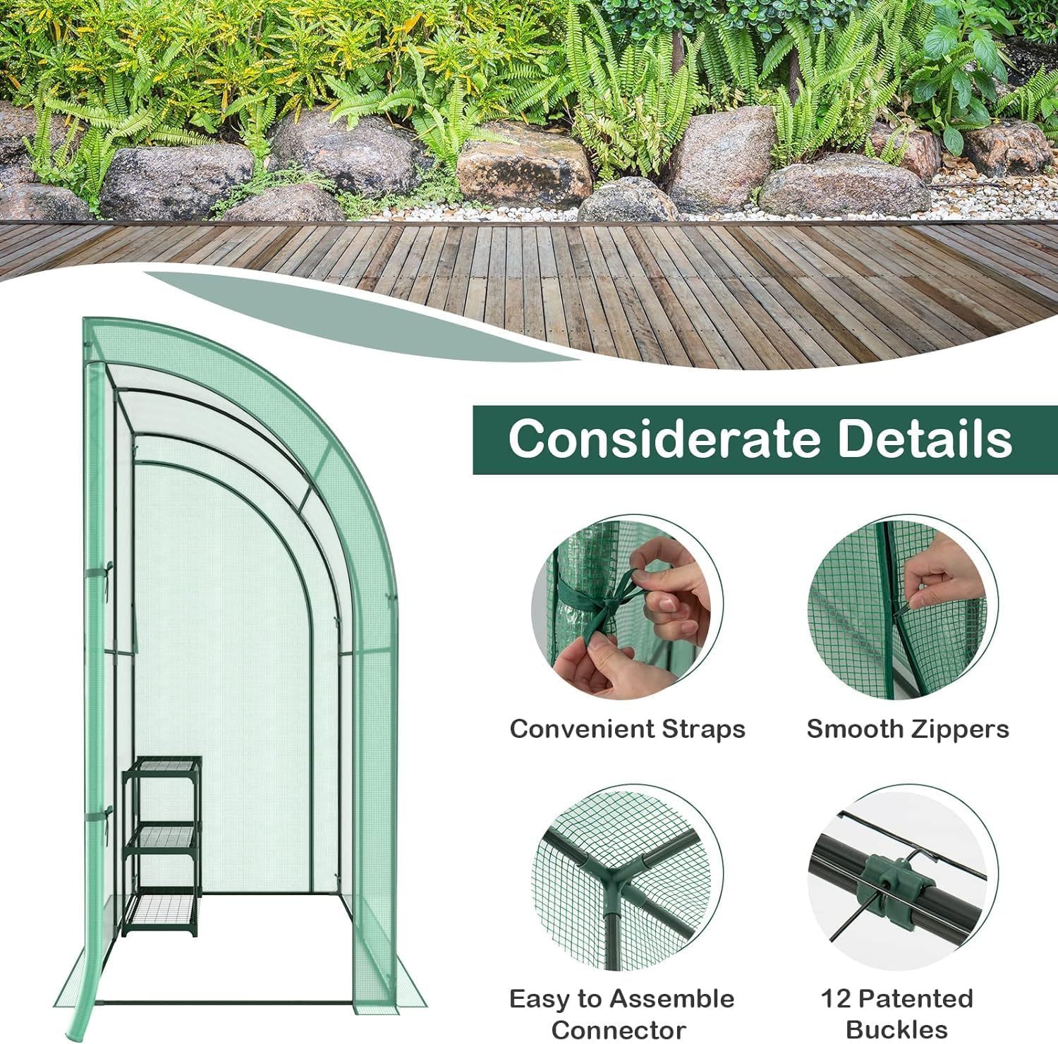 Walk-in Greenhouse, Indoor Outdoor Greenhouse with 3 Tiers Flower Rack, Weatherproof PE Cover & Roll-up Zipper Doors, Lean to Greenhouse for Garden Backyard Balcony
