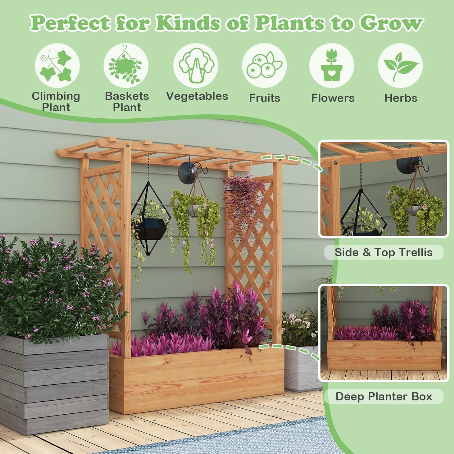 Raised Garden Bed with Trellis, Freestanding Wood Planter Box w/Hanging Roof & 4 Drainage Holes for Vine, Climbing Plants, Flowers, Outdoor Planter with Trellis for Garden, Patio, Yard