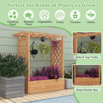 Raised Garden Bed with Trellis, Freestanding Wood Planter Box w/Hanging Roof & 4 Drainage Holes for Vine, Climbing Plants, Flowers, Outdoor Planter with Trellis for Garden, Patio, Yard