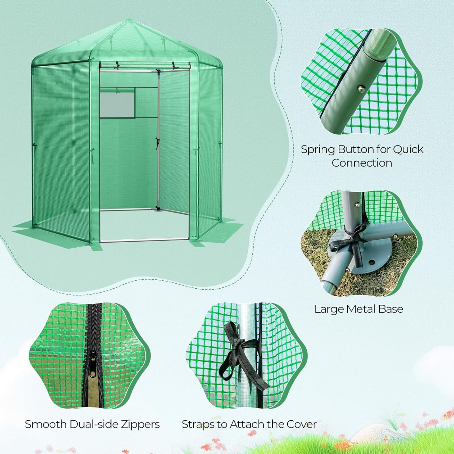 Walk-in Greenhouse, 7’x6’x7.5’ Outdoor Heavy Duty Greenhouse with PE Cover, Mesh Window & Roll-Up Door, Portable Greenhouse for Plant Gardening