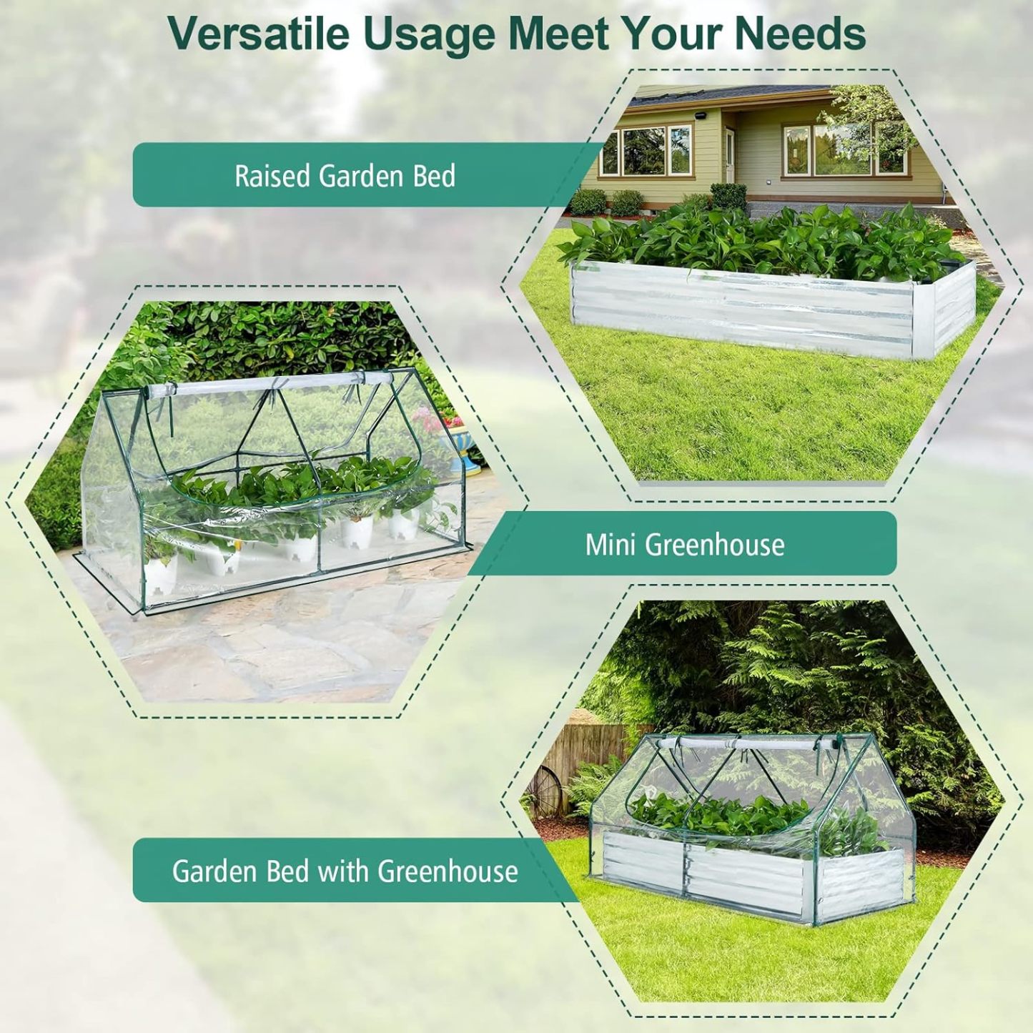 Raised Garden Bed with Cover, Outdoor Raised Planter Box Kit w/2 Large Zipper Mesh Screen Windows, Galvanized Metal Raised Bed Greenhouse for Gardening, Flowers, Vegetables (Silver)