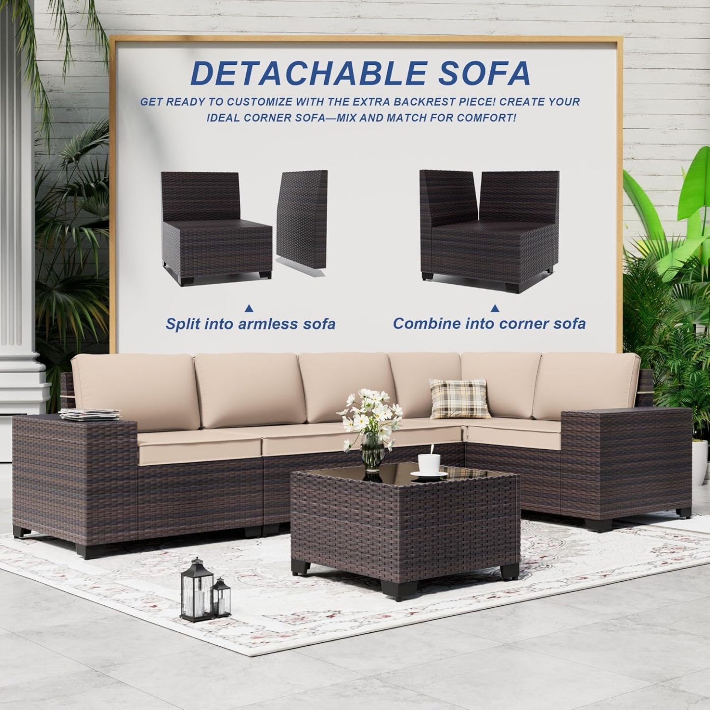 6 Pieces Outdoor Sectional Furniture High Backrest Patio Sofa, All-Weather PE Rattan Patio Conversation Set
