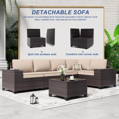 6 Pieces Outdoor Sectional Furniture High Backrest Patio Sofa, All-Weather PE Rattan Patio Conversation Set