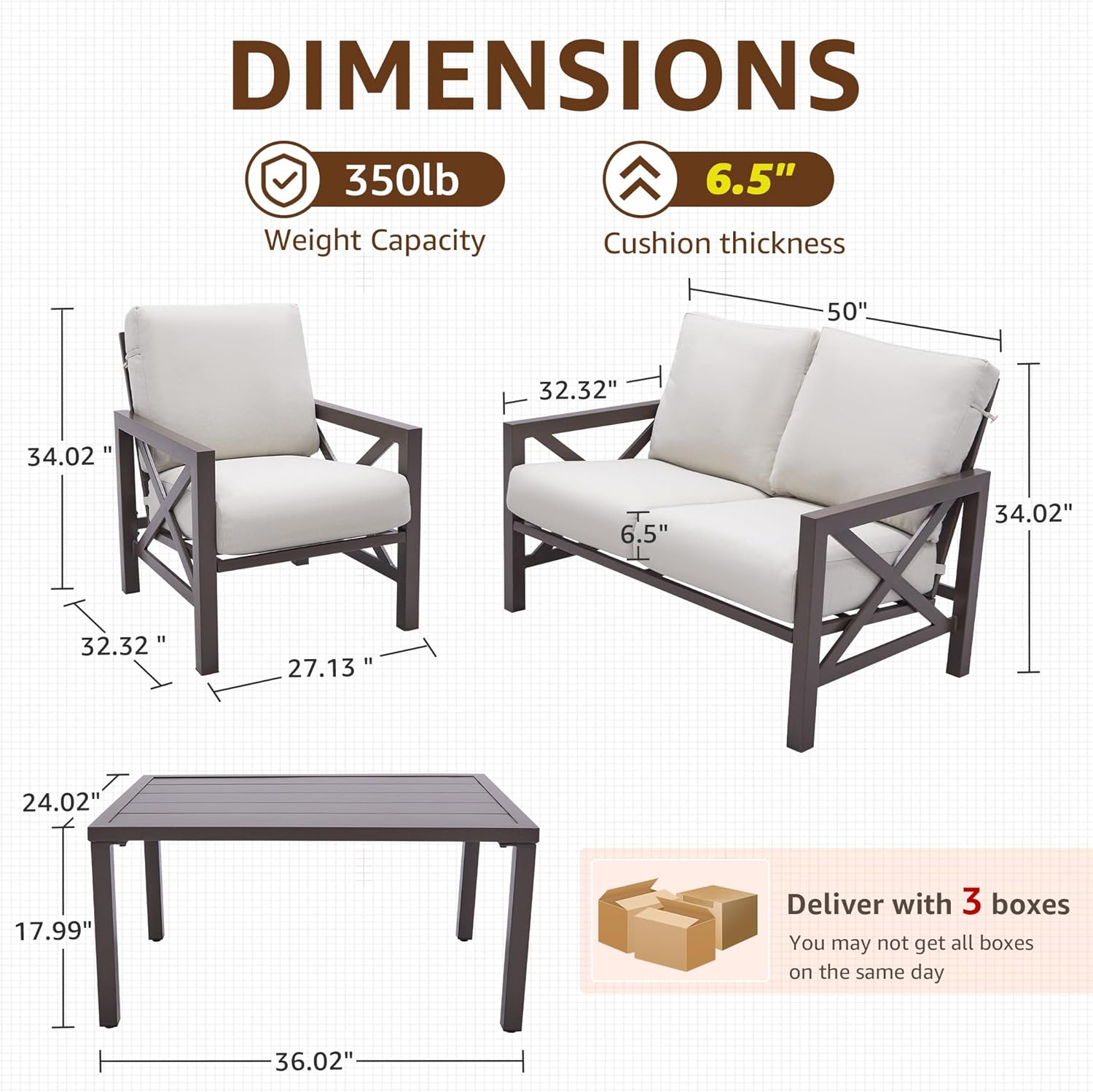 4 Pieces Patio Furniture Sets, Outdoor Sectional Metal Furniture Conversation Set