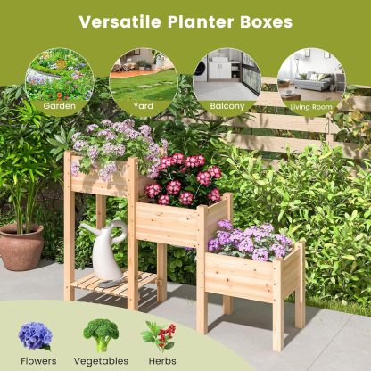 3-Tire Raised Garden Bed, Wooden Raised Planter Box with 3 Planter Boxes, Drainage Holes, Open Storage Shelf, Outdoor Garden Bed with Legs for Plant, Fruit, Vegetable, Flower, Herb