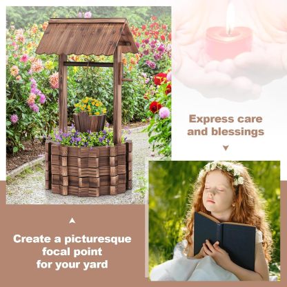 Wooden Wishing Well Planter with Hanging Bucket, Flower Plants Planter, Outdoor Wishing Wells for Yard