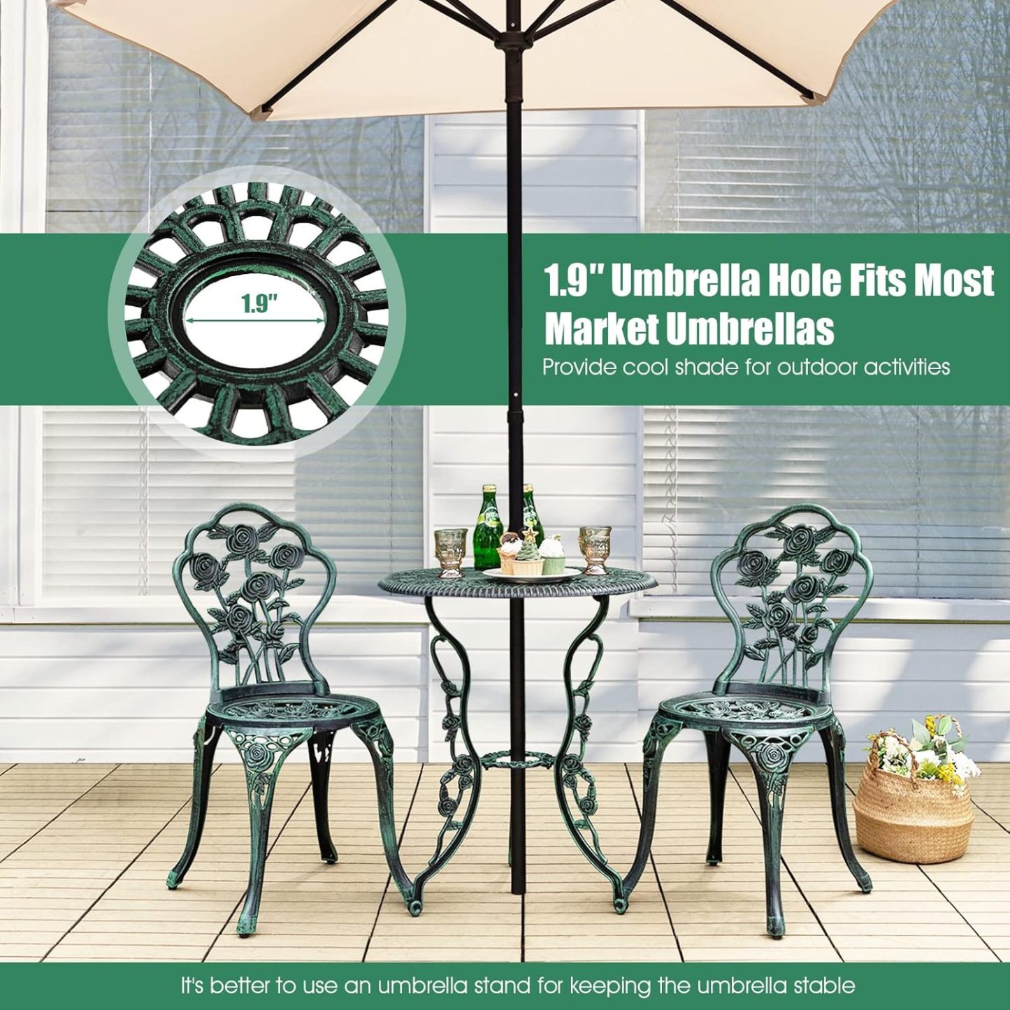 3-Piece Outdoor Bistro Set Rust-Resistant Cast Aluminum Table and Chairs with Elegant Rose Pattern, Outdoor Furniture Set with 1.9” Umbrella Hole for Balcony Backyard Garden Deck