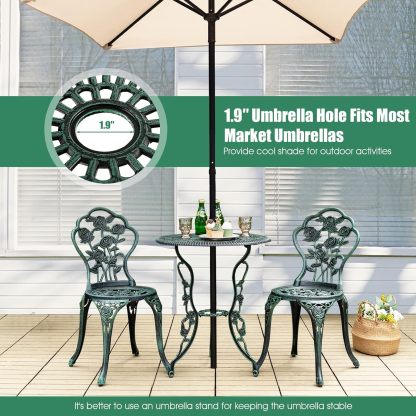 3-Piece Outdoor Bistro Set Rust-Resistant Cast Aluminum Table and Chairs with Elegant Rose Pattern, Outdoor Furniture Set with 1.9” Umbrella Hole for Balcony Backyard Garden Deck