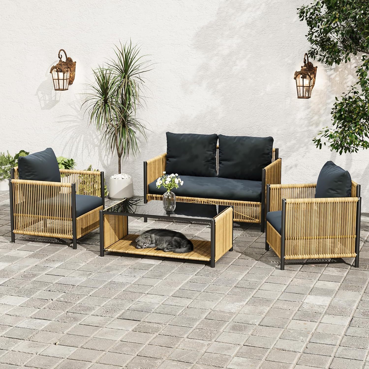 4 Pieces Aluminum Outdoor Patio Furniture Set - 2 Pcs Armchair, Loveseat & Dual-Layer Coffee Table