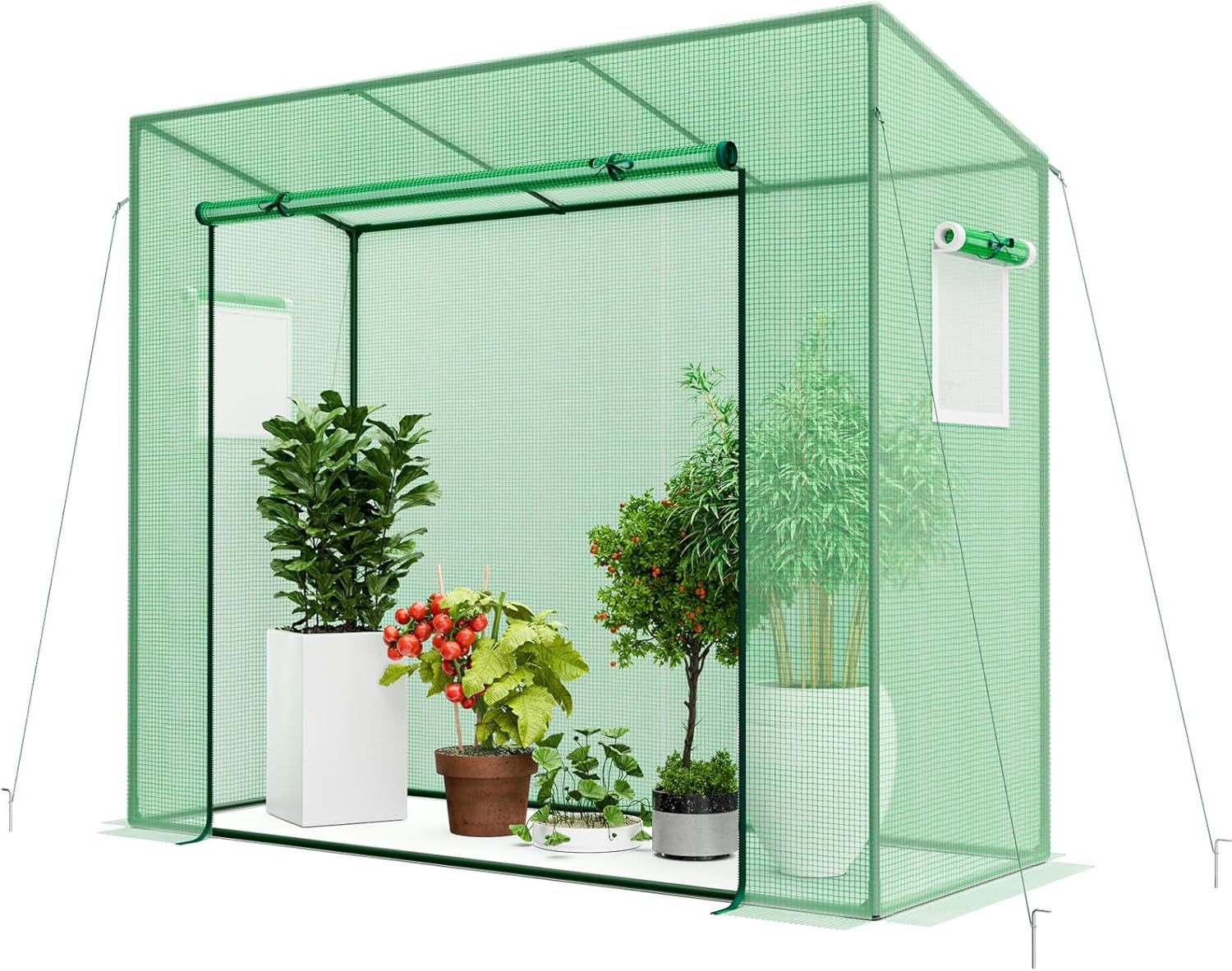 Portable Mini Greenhouse, Walk-in Greenhouse w/PE Cover, 4 Wind Ropes & Ground Stakes, Roll-up Zipper Door, Double-Layer Screen Windows, Greenhouses