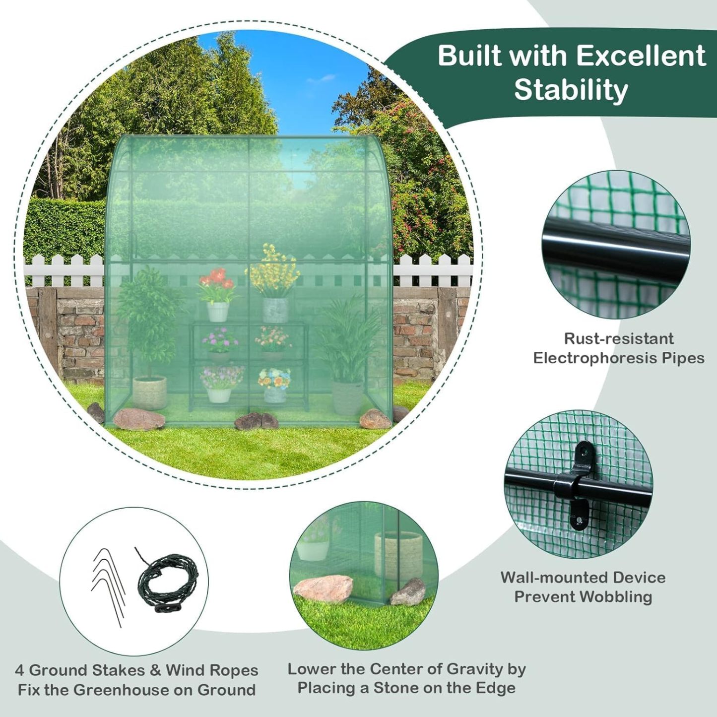 Walk-in Greenhouse, Indoor Outdoor Greenhouse with 3 Tiers Flower Rack, Weatherproof PE Cover & Roll-up Zipper Doors, Lean to Greenhouse for Garden Backyard Balcony