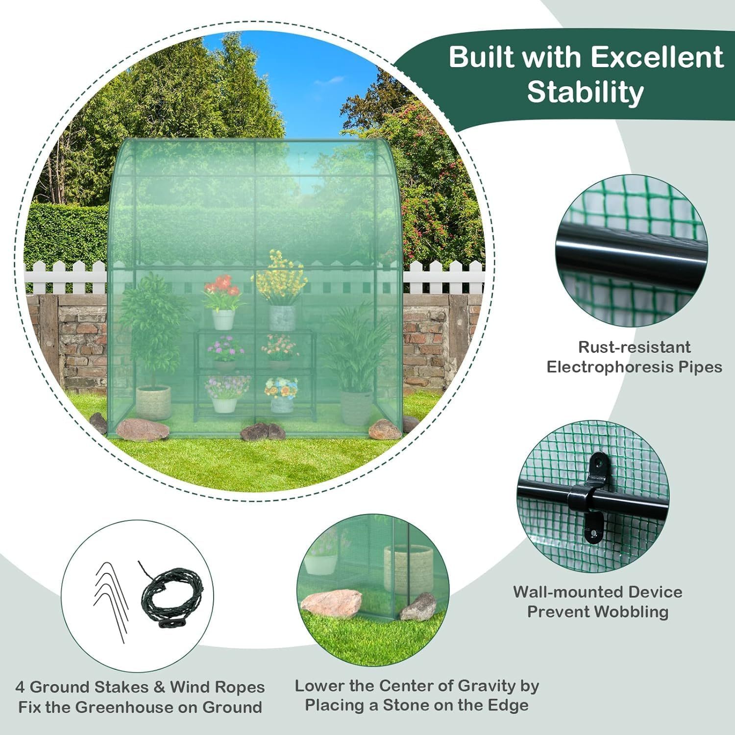 Walk-in Greenhouse, Indoor Outdoor Greenhouse with 3 Tiers Flower Rack, Weatherproof PE Cover & Roll-up Zipper Doors, Lean to Greenhouse for Garden Backyard Balcony