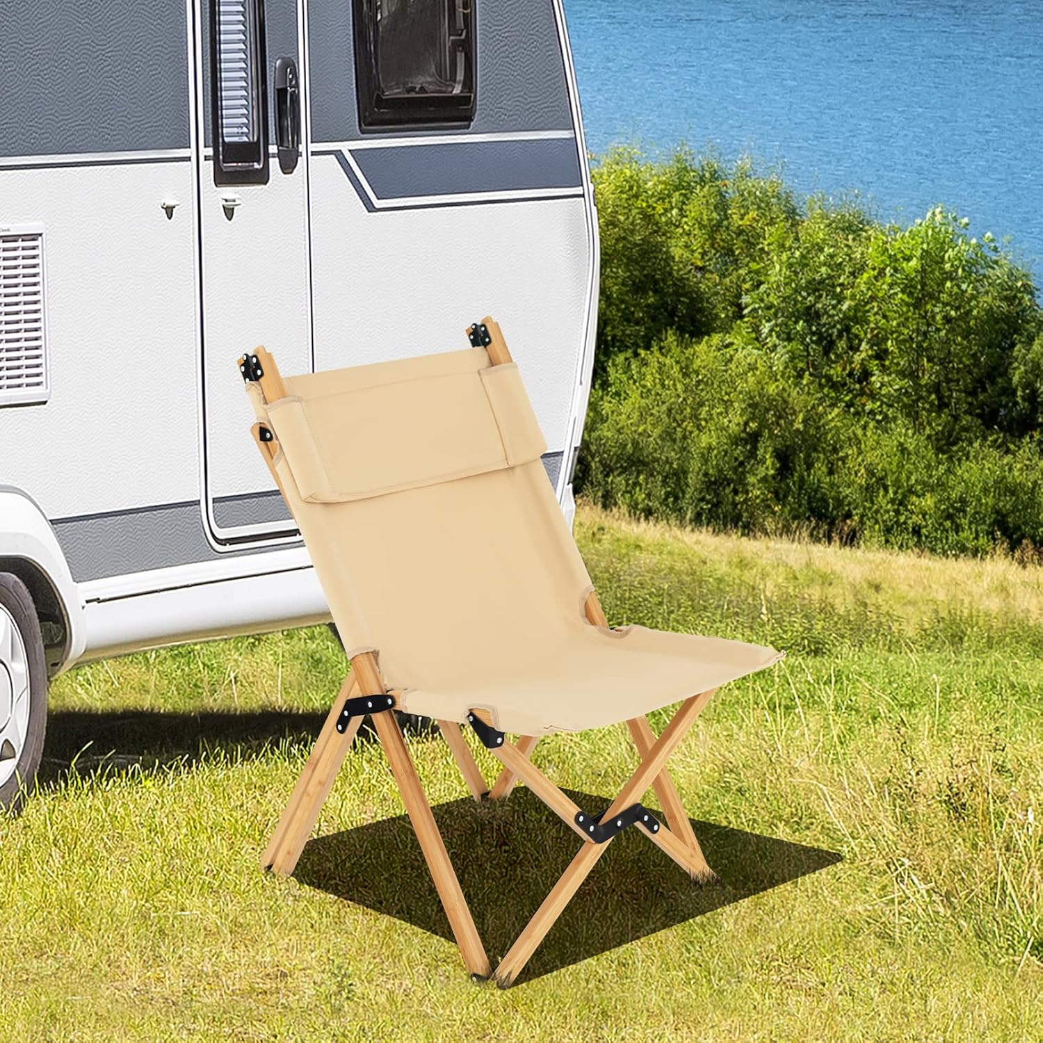 Folding Camping Chair, Bamboo Wood Beach Chair with Breathable Canvas, 2-Level Adjustable Backrest